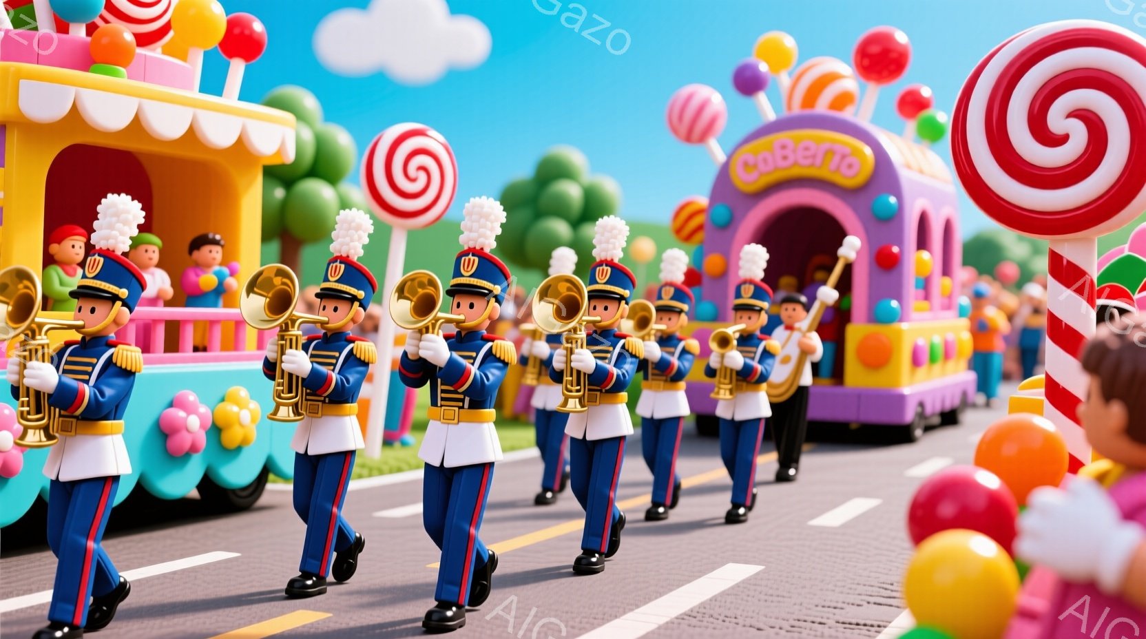 カラフルなキャンディの世界を背景に、制服を着た兵士のような人々が、金管楽器を手に整列して行進している。彼らは赤いジャケット、白いズボン、黒い靴を身に着け、髪型は同じで、顔には表情があまり見られない。背景には、キャンディをモチーフにした建物や、巨大なキャンディが立ち並び、明るく陽気な雰囲気が漂っている。