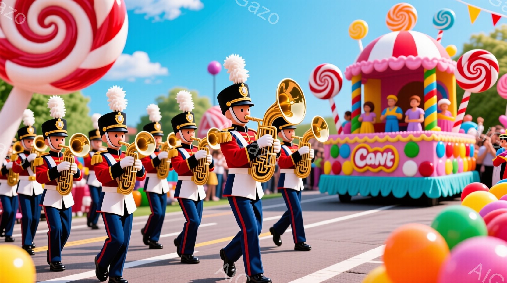 鮮やかな遊園地のような背景を背景に、制服を着たブラスバンドの隊員たちが整然と行進している。彼らは黒いブーツ、赤いズボン、白いジャケット、そして黒い帽子をかぶり、楽器を手に、真剣な表情で演奏している。背景にはキャンディや風船が散りばめられ、カラフルなフロートが通りを彩っている。
