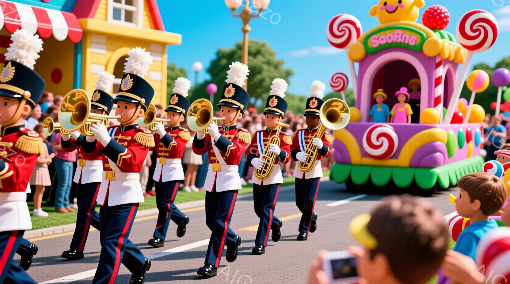 赤い制服と黒いズボンを着用し、金色のトリミングが施された帽子をかぶった行進隊員たちが、道路を行進している。彼らは金管楽器を演奏しており、顔には真剣な表情が浮かんでいる。背景には、カラフルな建物と緑豊かな木々が見え、青空の下、お祭りやパレードのような賑やかな雰囲気が漂っている。