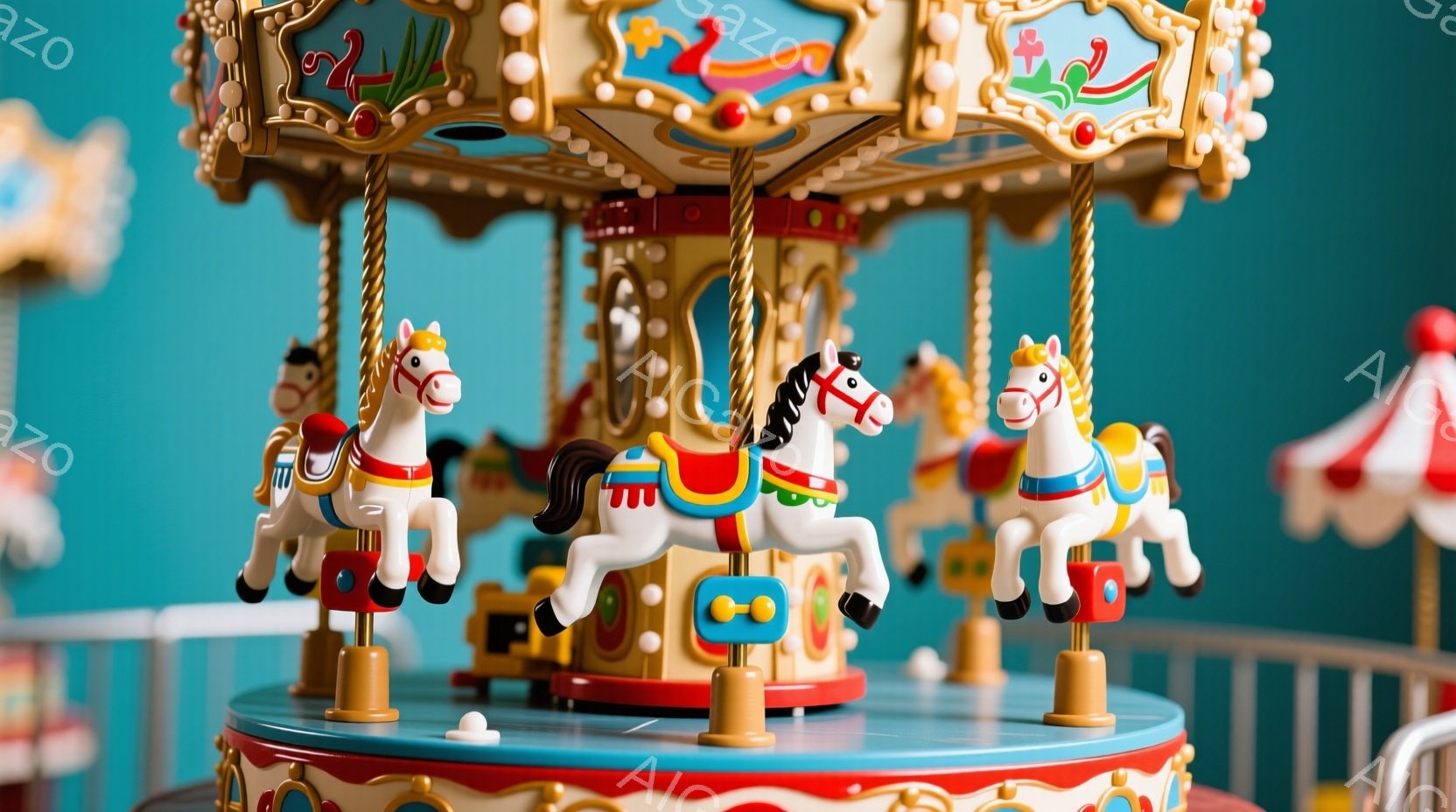 美しいメリーゴーランドの一部が写っており、白馬が中心に配置されています。馬たちはカラフルな装飾が施され、それぞれ異なる色合いの鞍や手綱をつけています。背景は明るい水色で、メリーゴーランドの華やかさと遊 - AI生成フリー素材