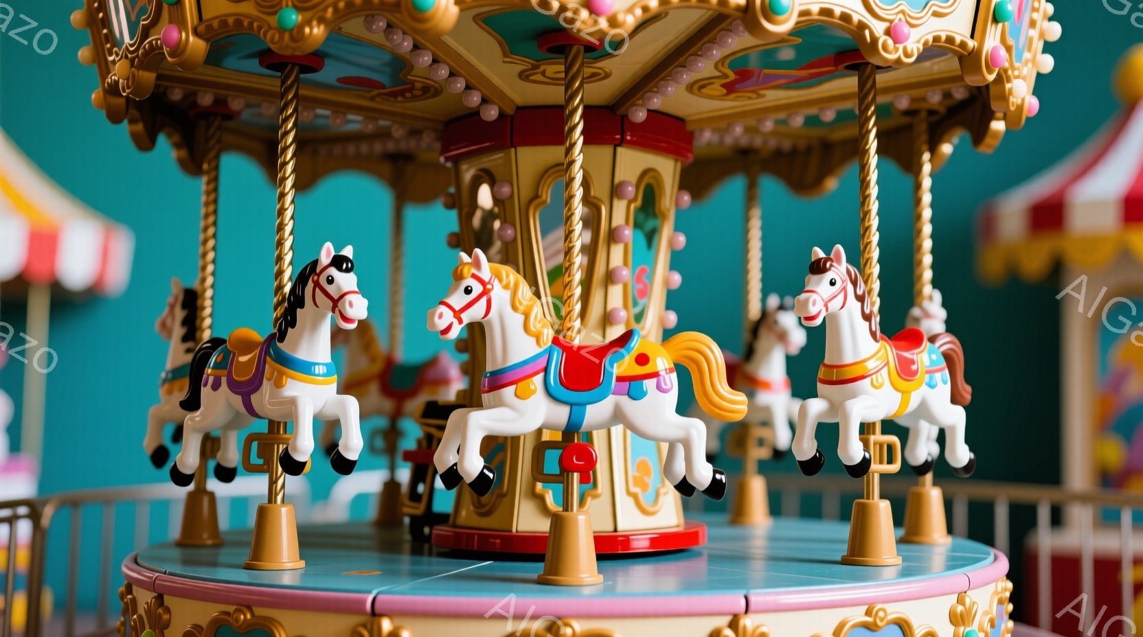 白い木馬が並んだメリーゴーランドの一部が写っている。木馬たちは赤い鞍と金色の装飾が施され、軽快なポーズで円形に配置されている。背景は深い緑色の壁で、メリーゴーランドの装飾の一部が見え、楽しげな遊園地の雰囲気が漂っている。