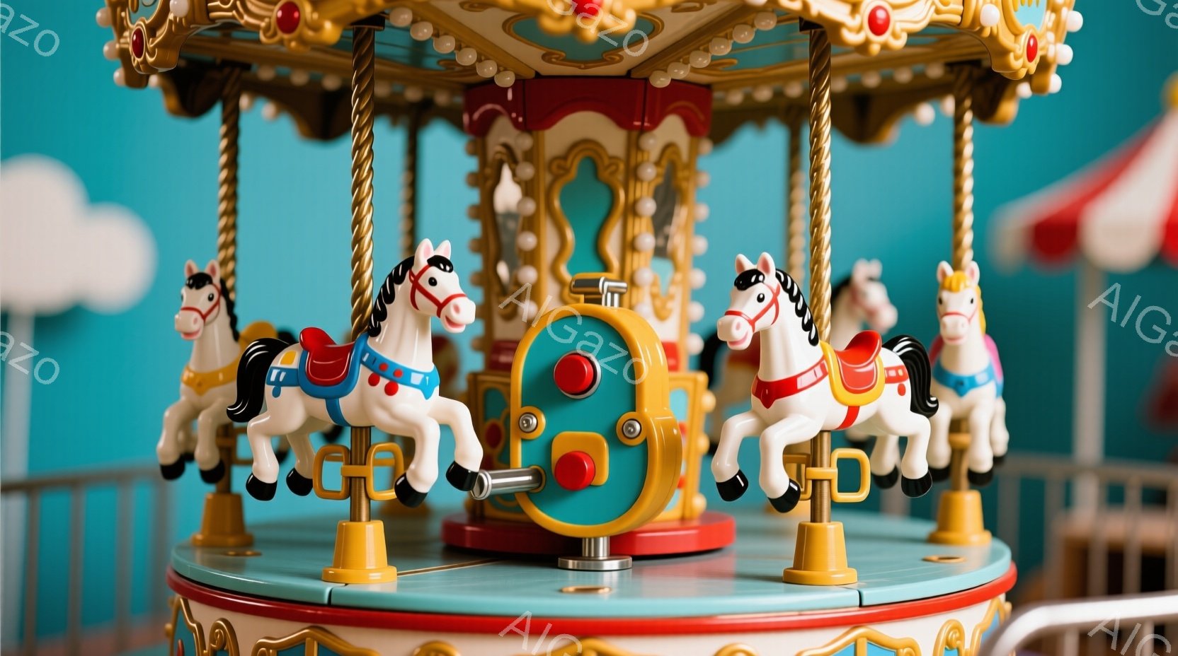 回転木馬の一部が写っており、白い馬が中心に配置されている。馬たちは赤い鞍を背負い、金色の柱に支えられている。背景は水色で、遠くには白い雲と赤いストライプのテントのようなものがぼんやりと見え、遊び心のある雰囲気を醸し出している。