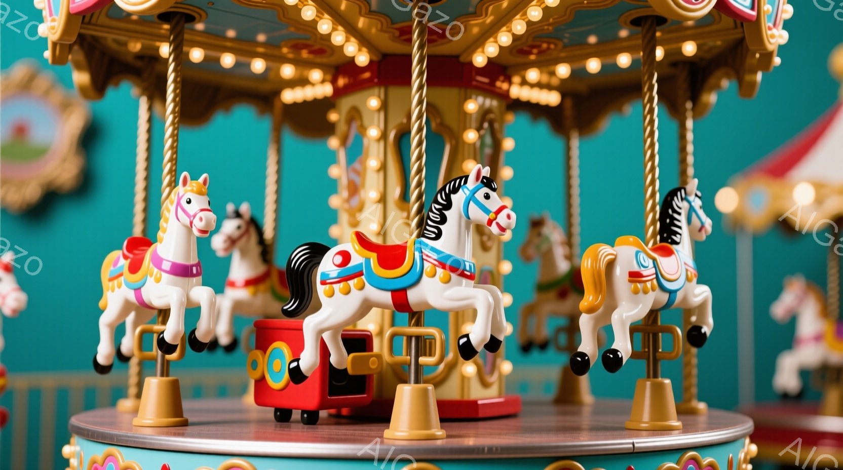 白い木馬が回転木馬の上を優雅に駆け抜けている様子が描かれています。木馬は鮮やかな色彩で装飾され、金色の装飾と赤いサドルが目を引きます。背景には、回転木馬の一部がわずかに見え、鮮やかな色彩が夢のような雰 - AI生成フリー素材