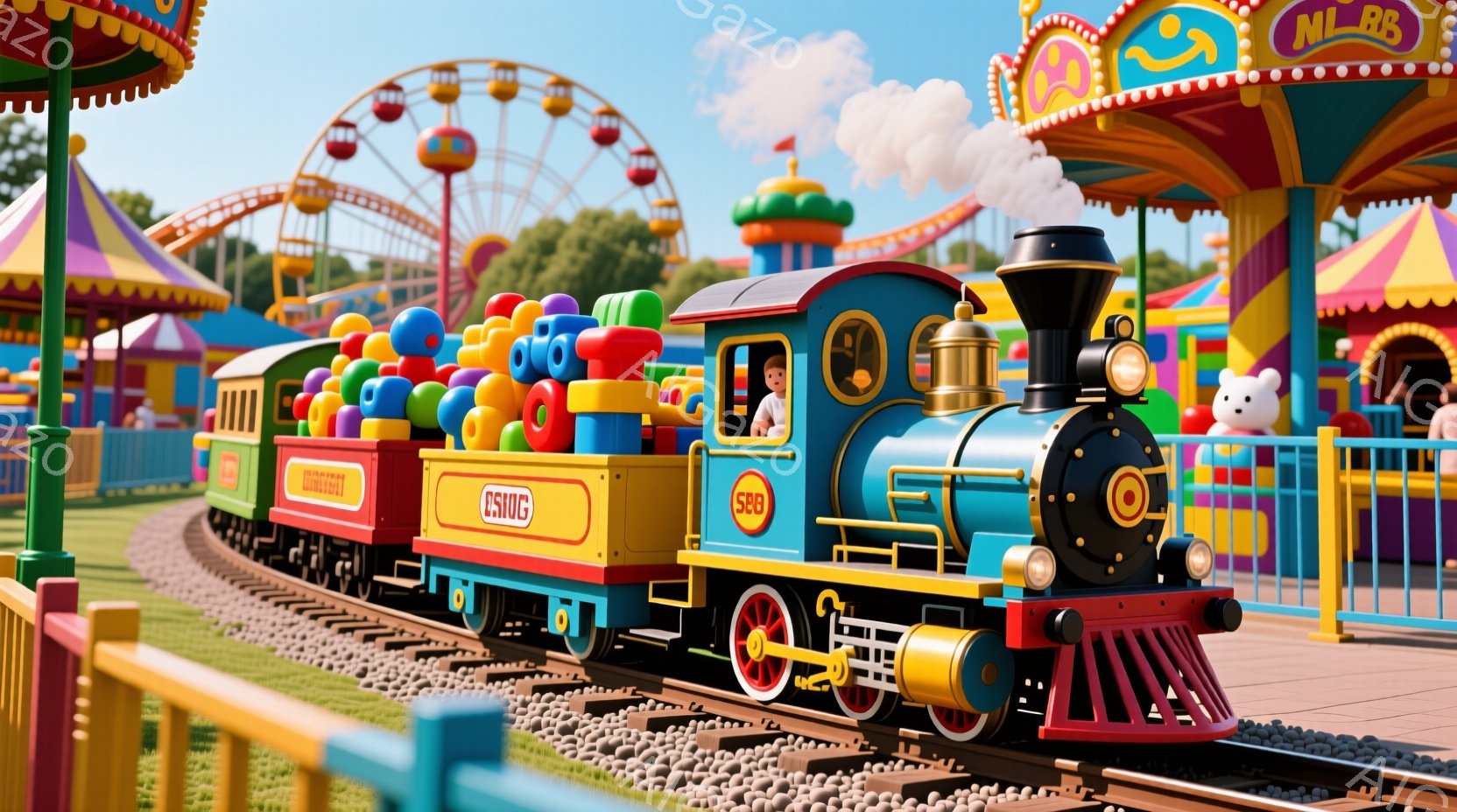 カラフルな遊園地の列車が線路を走っている様子が描かれています。列車の運転席には、赤い帽子をかぶった男の子が笑顔で座り、列車全体が色とりどりのボールや建物で飾られています。背景には、観覧車やカラフルな建物が見え、晴れた空の下、明るく楽しい雰囲気が漂っています。