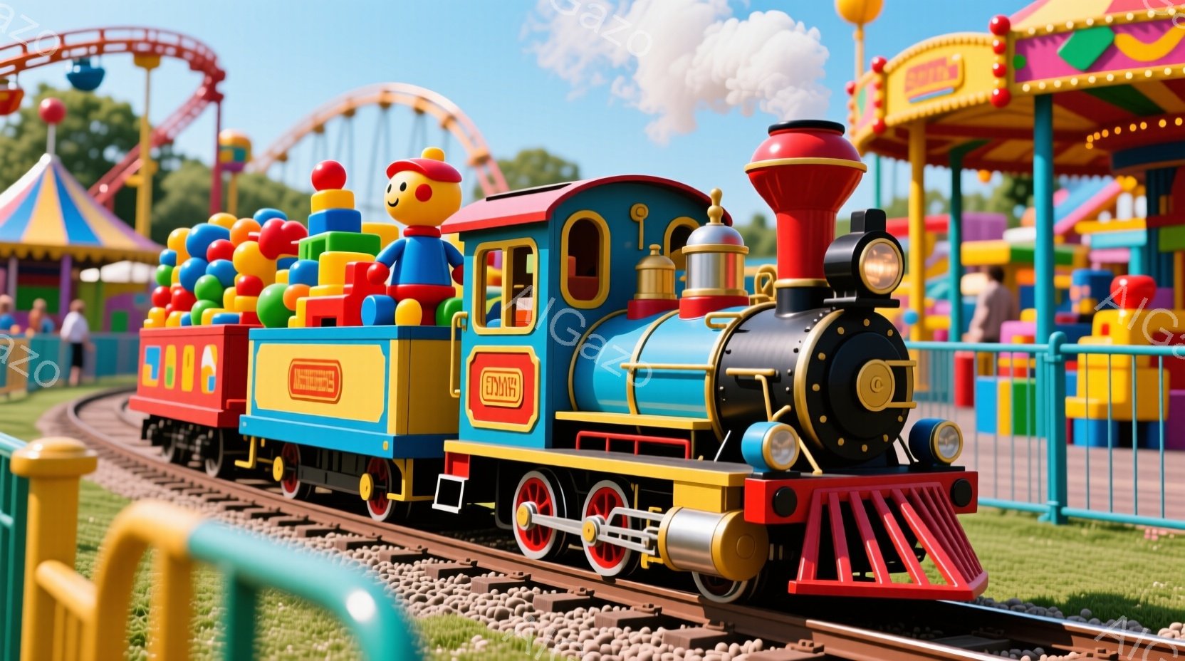 遊園地を訪れる家族が楽しむ姿が描かれたものです。中心には、チャーリー・チャックとその仲間達が乗っている、カラフルなトロッコが走っています。背景には、砂場や遊具が見え、気分軽やかで家族向けの楽しみが感じられます。人物は楽しむ姿勢を示しており、服装も遊び心に合ったものです。全体として、陽気で楽しい雰囲気が漂っています。