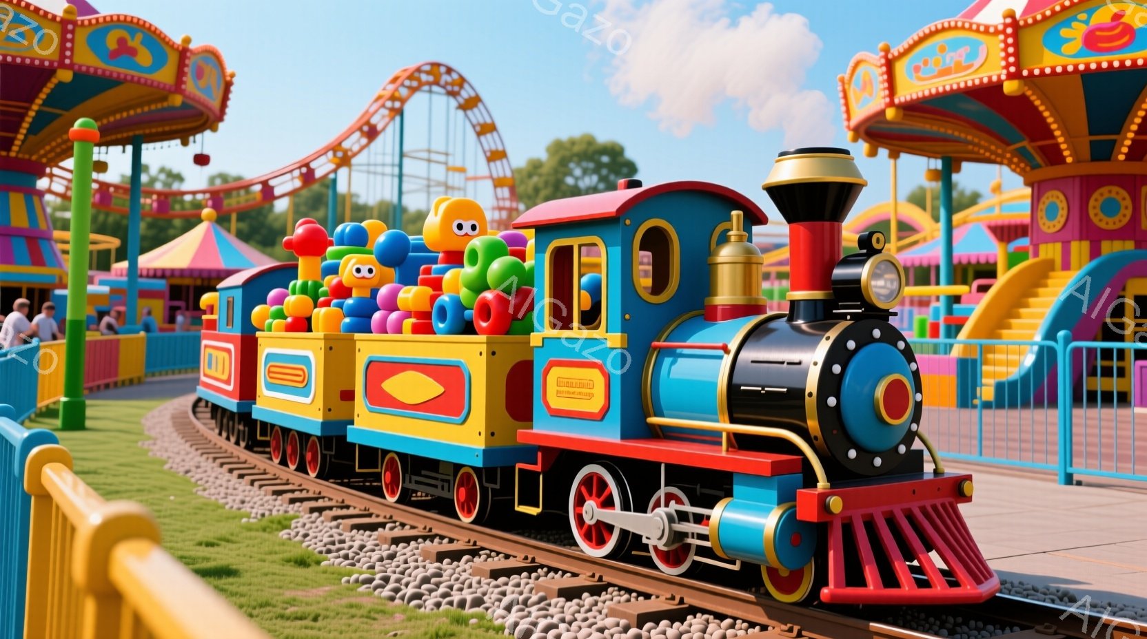 遊園地の線路上を走るカラフルな列車が描かれています。列車は青、オレンジ、黄色を基調とし、車体の上部にはカラフルなボールが積み上げられています。背景には観覧車やカラフルな建物が見え、晴天の下、賑やかで楽しい雰囲気が漂っています。