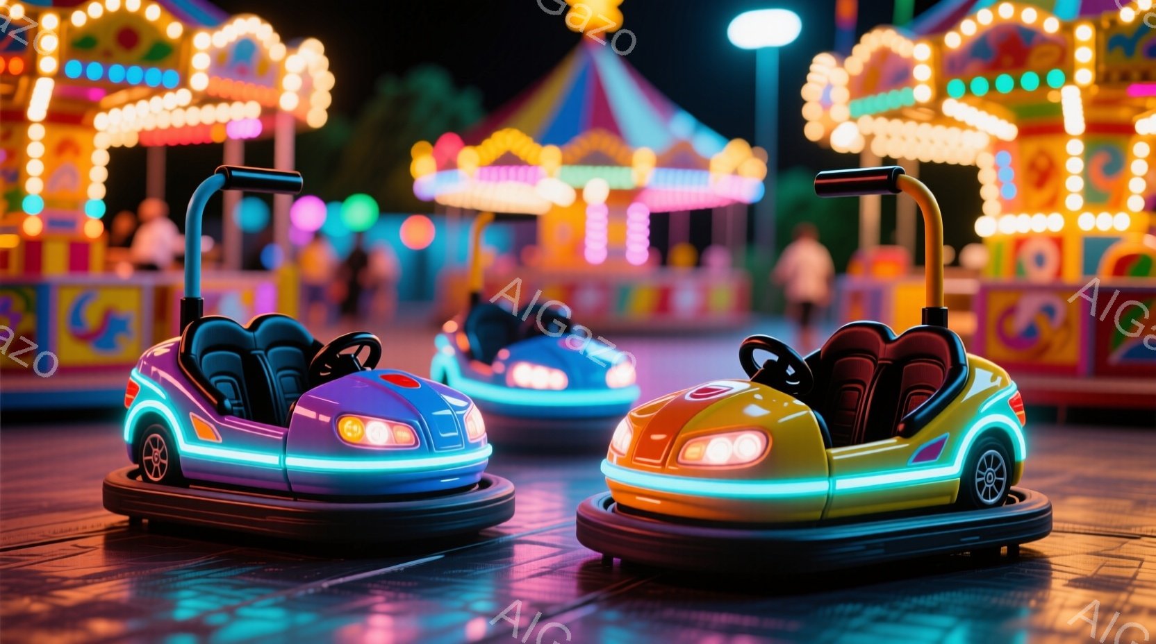 夜の遊園地で、カラフルなバンパーカーが数台並んで走っている様子が描かれています。ピンクと青のネオンライトが車体を照らし、周囲の暗闇の中で鮮やかなコントラストを生み出しています。背景には、光り輝く遊園地の建物が見え、楽しい雰囲気を醸し出しています。