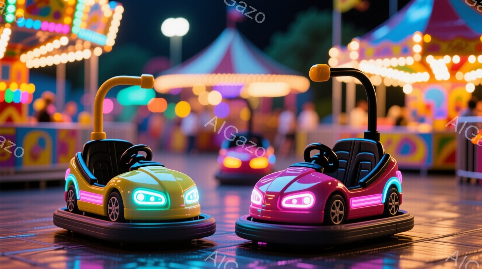 画像は遊園地のバンパーカーの様子で、鮮やかな黄色の車と紫色の車が手前に映っています。背景には、カラフルな照明が輝く遊園地の様々なアトラクションが見え、活気のある夜の雰囲気が漂っています。床は濡れており、光が反射して幻想的な光景を作り出しています。