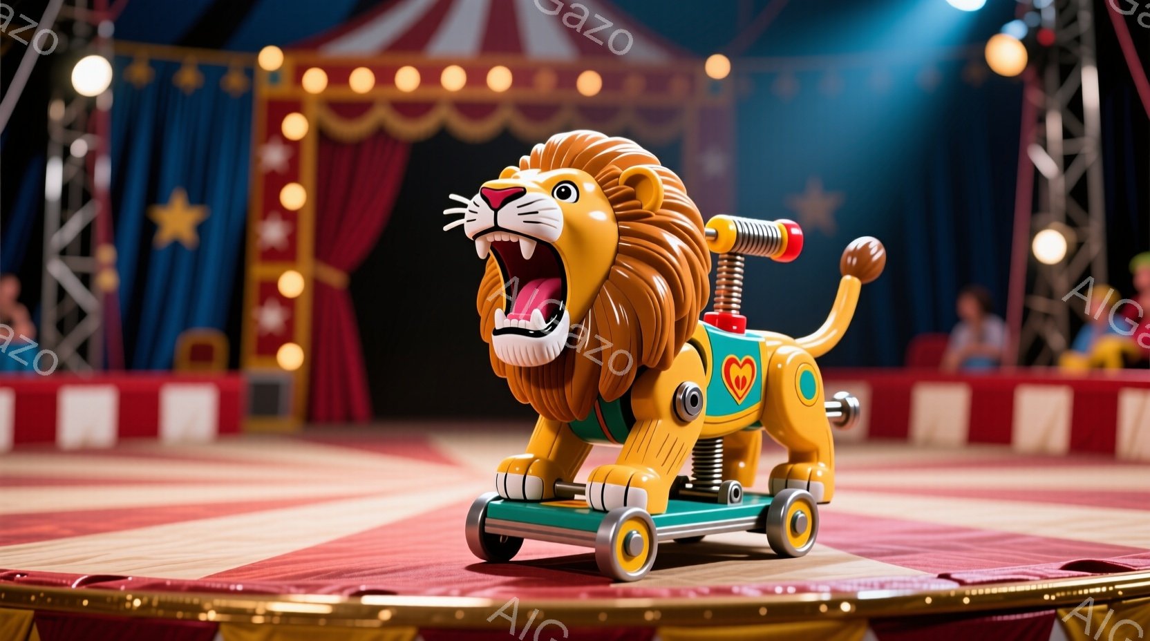 鮮やかな赤い絨毯の上に、機械仕掛けのライオンが乗り物に乗って勢いよく前進している。ライオンは口を開けて咆哮し、楽しそうな表情を見せている。背景には、青と赤のストライプのカーテンと、ぼんやりとした観客席が見え、賑やかなサーカスの雰囲気が漂っている。