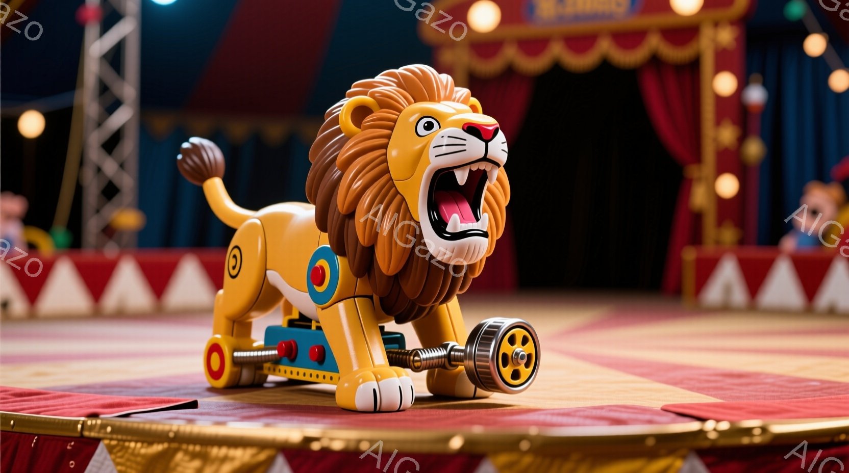赤と黄色のストライプのテントが背景にあり、サーカスの舞台のようになっています。前に進むように設計された、機械的なライオンのおもちゃが中央に描かれています。ライオンは口を開けて咆哮し、金属製の車輪とギアが露出しており、おもちゃらしい、遊び心のある雰囲気を醸し出しています。