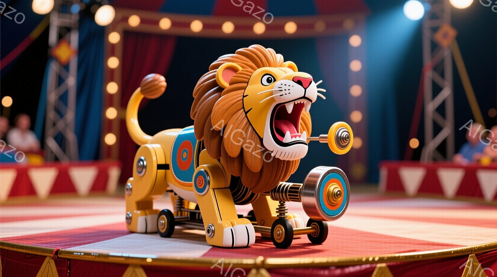 鮮やかなサーカスの舞台中央に、機械仕掛けのライオンが勢いよく立っている。ライオンは金属製の脚と車輪を持ち、口を大きく開けて、あたかもジャンプする直前の躍動感あふれるポーズをとっている。背景には観客席の - AI生成フリー素材
