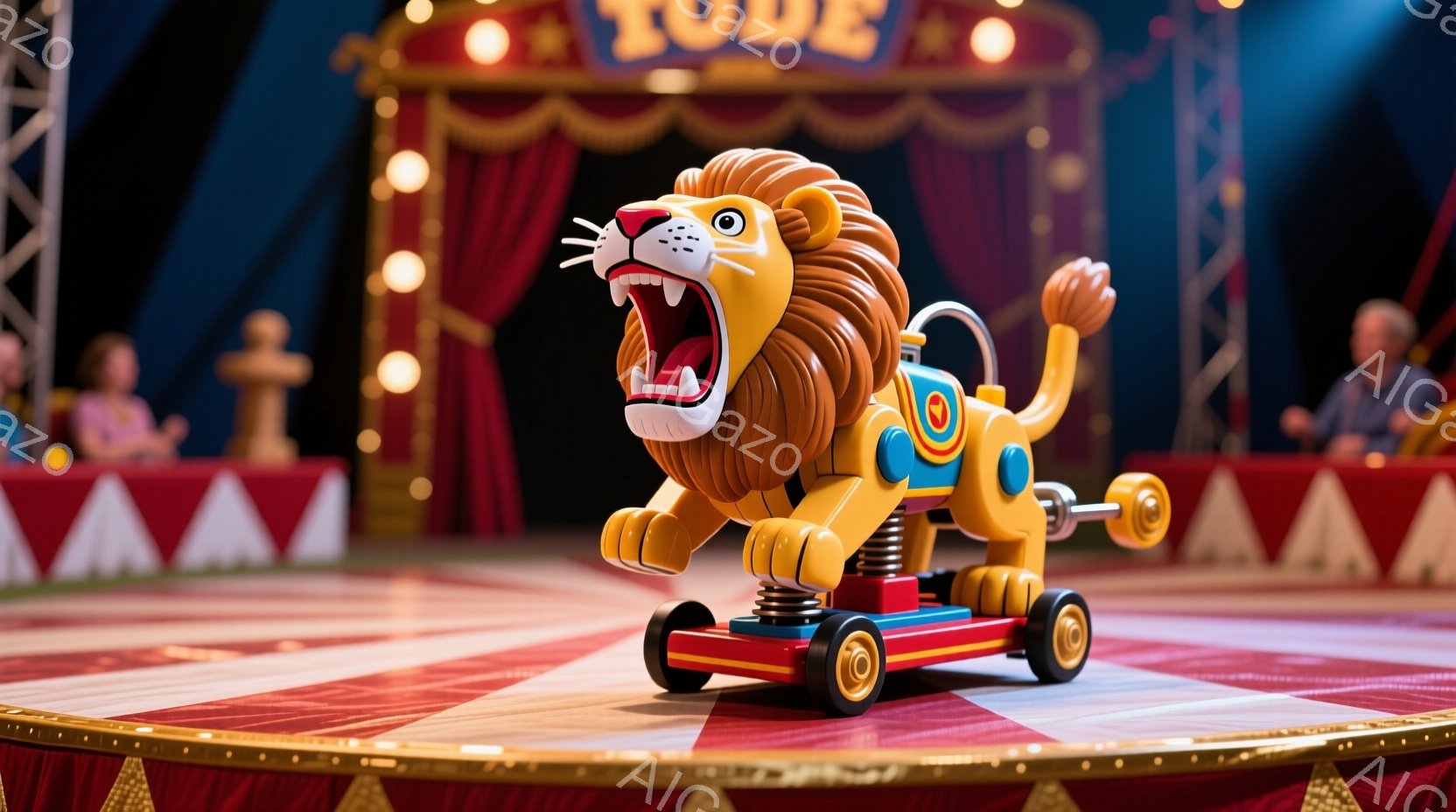 鮮やかなサーカスの舞台で、ライオンの形をした乗り物のおもちゃが中央に位置している。おもちゃは赤、青、黄色を基調とした色使いで、口を開けている表情が特徴的で、小さな観客席には数人の人物が座っている。背景には赤いテントと黄色いカーテンがあり、全体的に陽気で楽しい雰囲気を醸し出している。