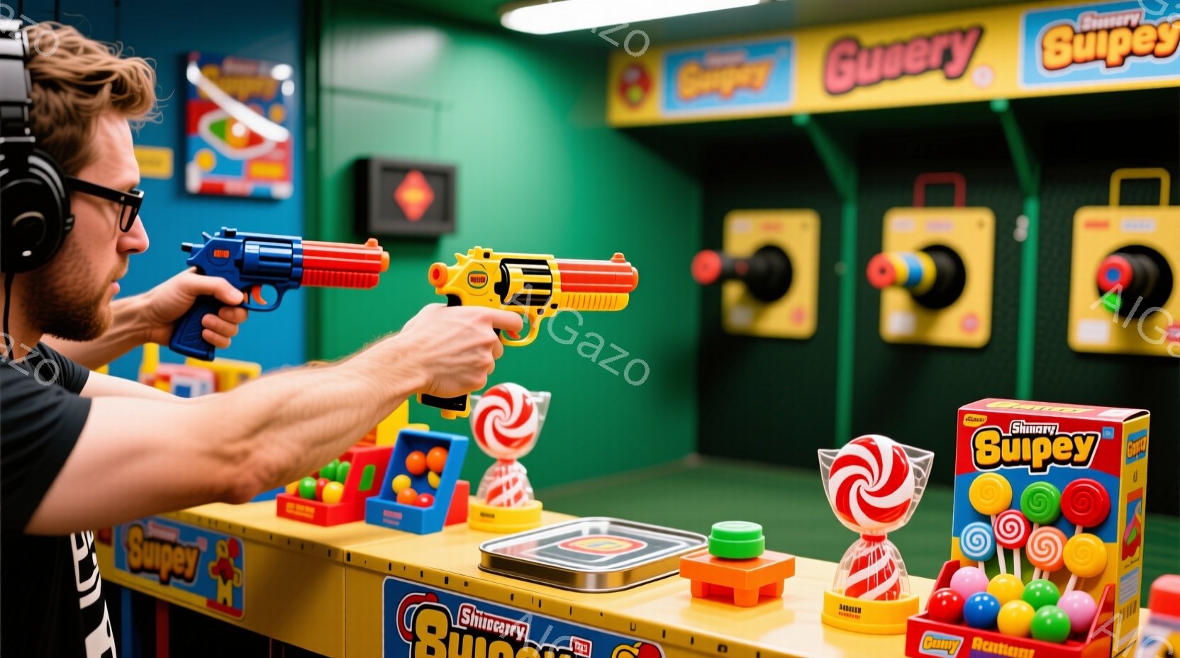 若い男性が、カラフルなキャンディが並んだゲームブースで、おもちゃの銃を構えています。彼は黒いTシャツを着て、少しひげを生やしており、髪は短く整えられています。背景には、赤や緑のキャンディ、カラフルなプラスチック製のボールが並び、お祭りのような、明るく楽しい雰囲気が漂っています。