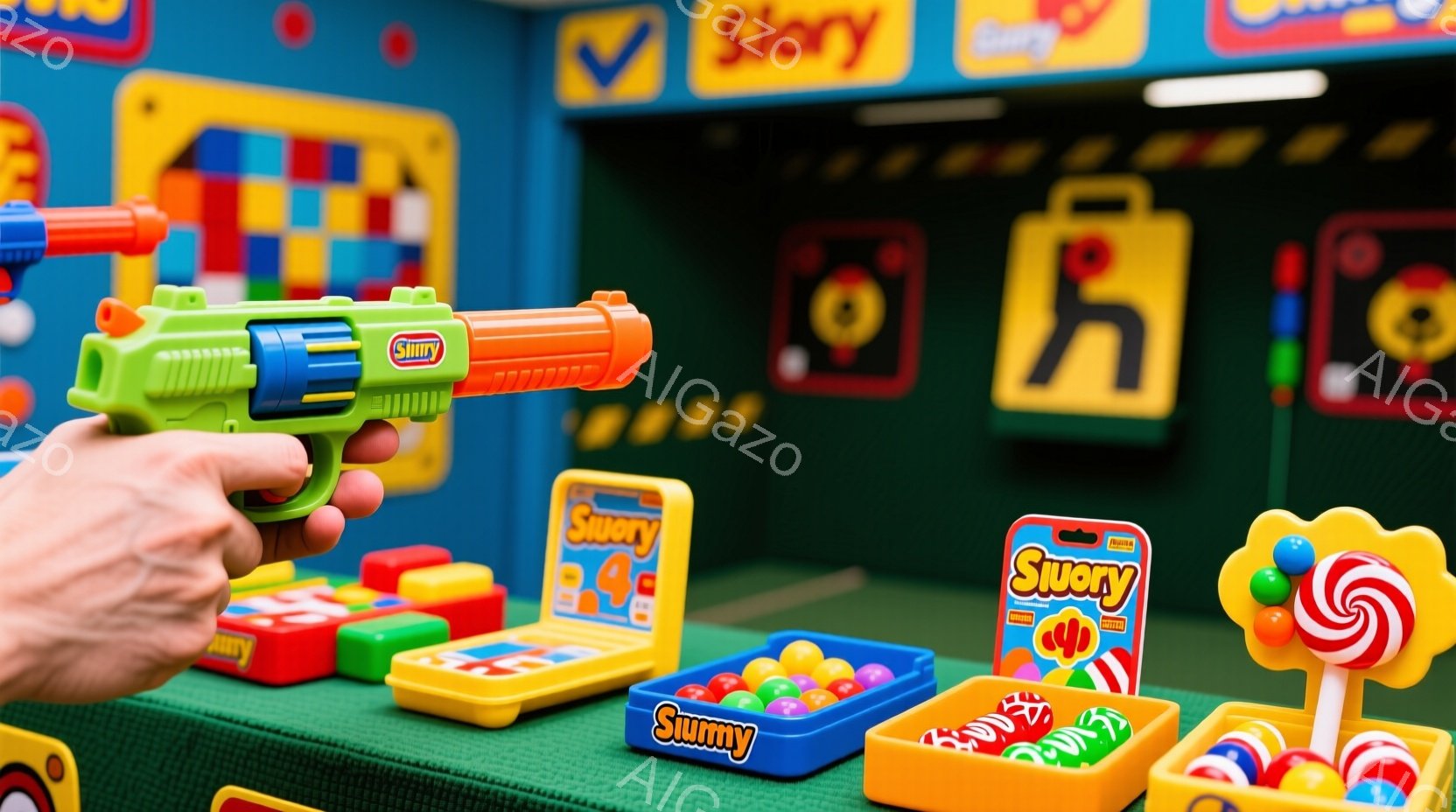 明るい色のプラスチック製のおもちゃの背景に、黄色いおもちゃの銃が写っています。様々な色とりどりのキャンディーやチョコレートがプラスチック製のケースに並べられ、遊び心のある雰囲気を醸し出しています。背景には、おもちゃの店のカウンターや装飾が写っており、子供向けの楽しい空間を表現しています。