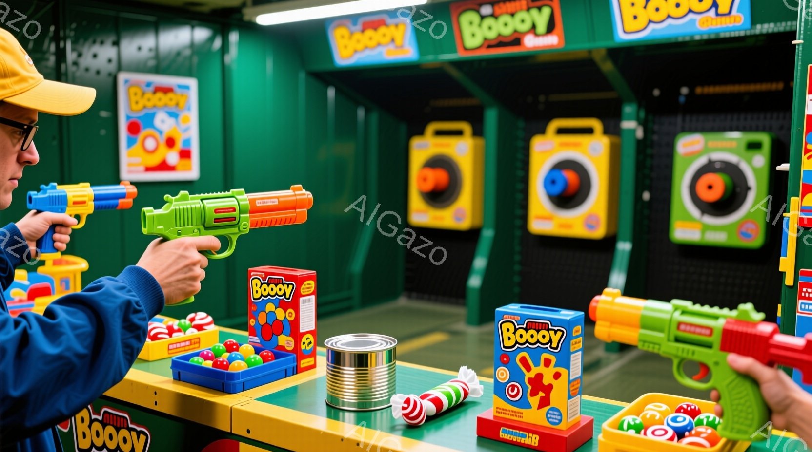 カラフルな遊園地のゲームブースを捉えています。男性は青いジャケットと黄色い帽子を着用し、緑とオレンジ色の水鉄砲を構えています。背景には、ターゲットと賞品が並んだ棚があり、全体的に明るく陽気な雰囲気です。