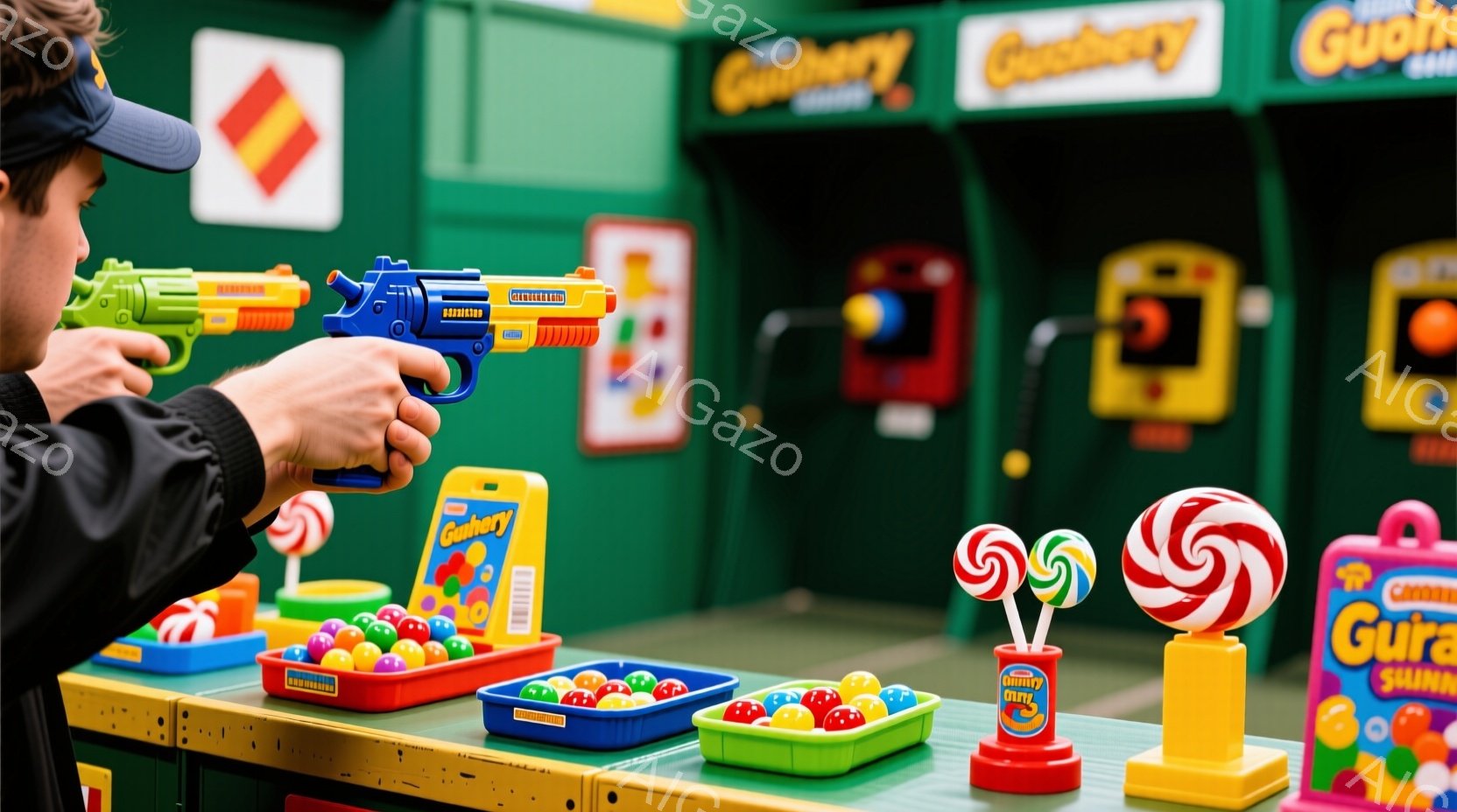遊園地かゲームセンターのような場所で、一人の男性が玩具の銃を手に、色とりどりのボールをターゲットに狙っている様子が写っている。彼は黒い帽子をかぶり、赤いシャツを着ており、集中した表情で射撃の準備をしている。背景には、キャンディのモチーフが描かれたカラフルなゲーム機や装飾が並び、全体的に明るく陽気な雰囲気が漂っている。