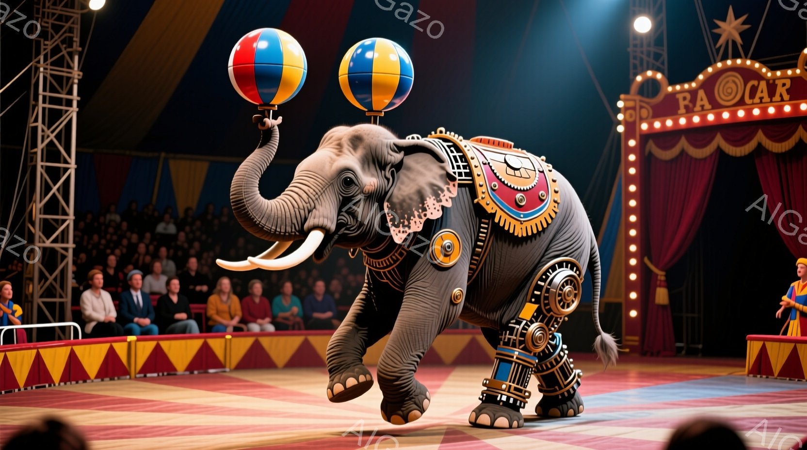 サーカスの舞台で、メカニカルな装飾が施された象が、前足でバランスを取りながら、色鮮やかな球体を鼻に乗せています。観客席には様々な服装の人々が座っており、赤い縞模様の敷物が舞台を取り囲んでいます。背景には、赤いカーテンと、電飾で装飾された看板があり、華やかで楽しい雰囲気が漂っています。