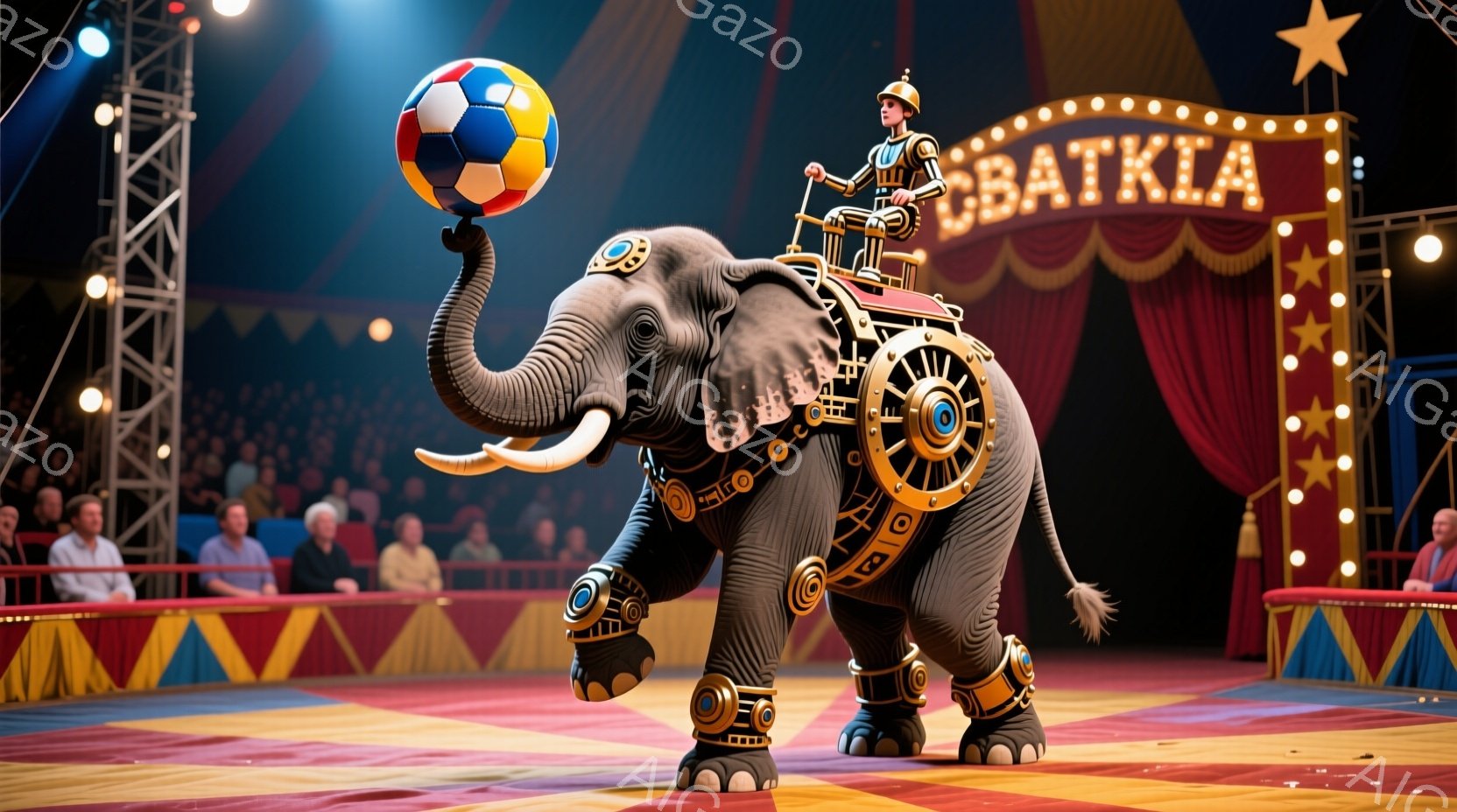 大柄な象が、カラフルな装飾が施された乗り物に乗ってサーカスの舞台に立っている。象は頭の上にサッカーボールをバランス良く乗せ、自信に満ちた表情で観客を見つめている。背景には観客席と赤いテント、そして「BATKA」と書かれた装飾が施されたゲートが見え、華やかで興奮に満ちたサーカスの雰囲気が伝わってくる。