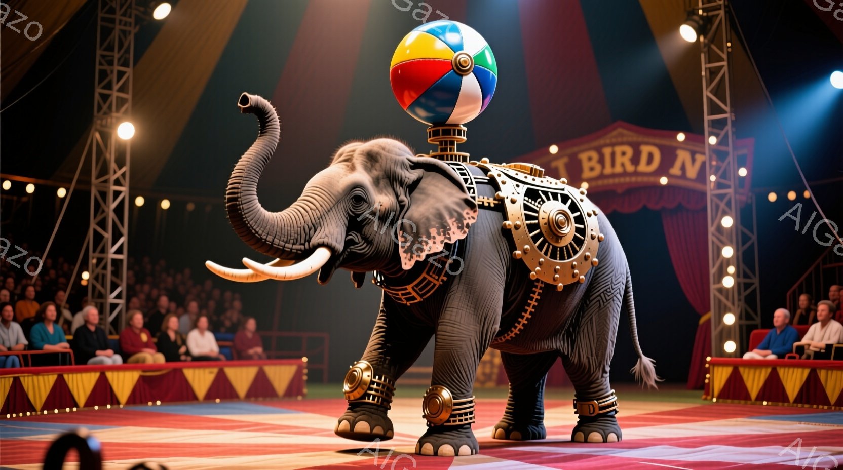 サーカスのステージ上で、装飾的な衣装を身に着けた象が立っている。象の背中には金属製の装飾が施され、頭上にはカラフルな球体がバランス良く乗せられている。背景には観客席が広がり、赤いカーテンと光が照らし出 - AI生成フリー素材