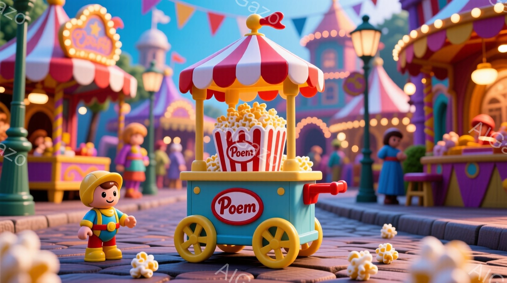 明るい遊園地の風景で、ポップコーン売りのおもちゃのような男性が描かれています。彼は麦わら帽子とオーバーオールを着ており、笑顔でポップコーンのカートを押しています。背景にはカラフルな建物や装飾が施され、お祭り騒ぎのような楽しげな雰囲気が漂っています。