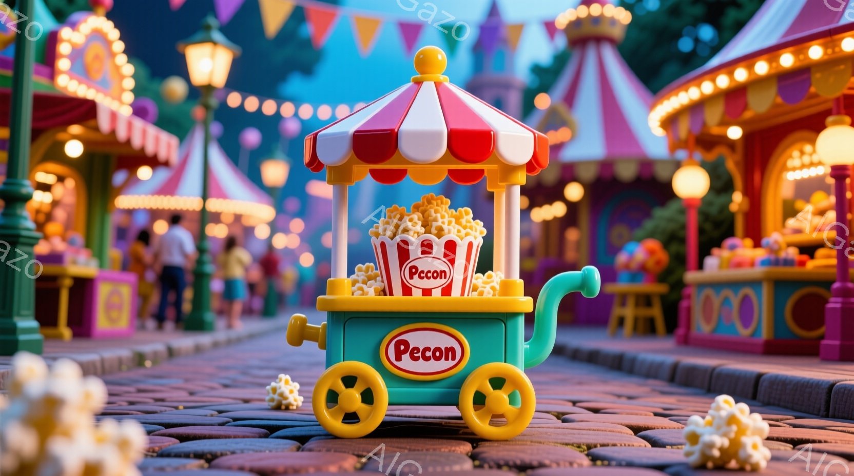 ポップコーンを売るカートが、レンガの道の上に置かれています。カートはターコイズグリーンで、赤いストライプのパラソルと「Pecon」と書かれたロゴがあります。背景には、カラフルな装飾が施された遊園地の建物や、ぼやけた人影が見え、楽しいお祭りの雰囲気が漂っています。