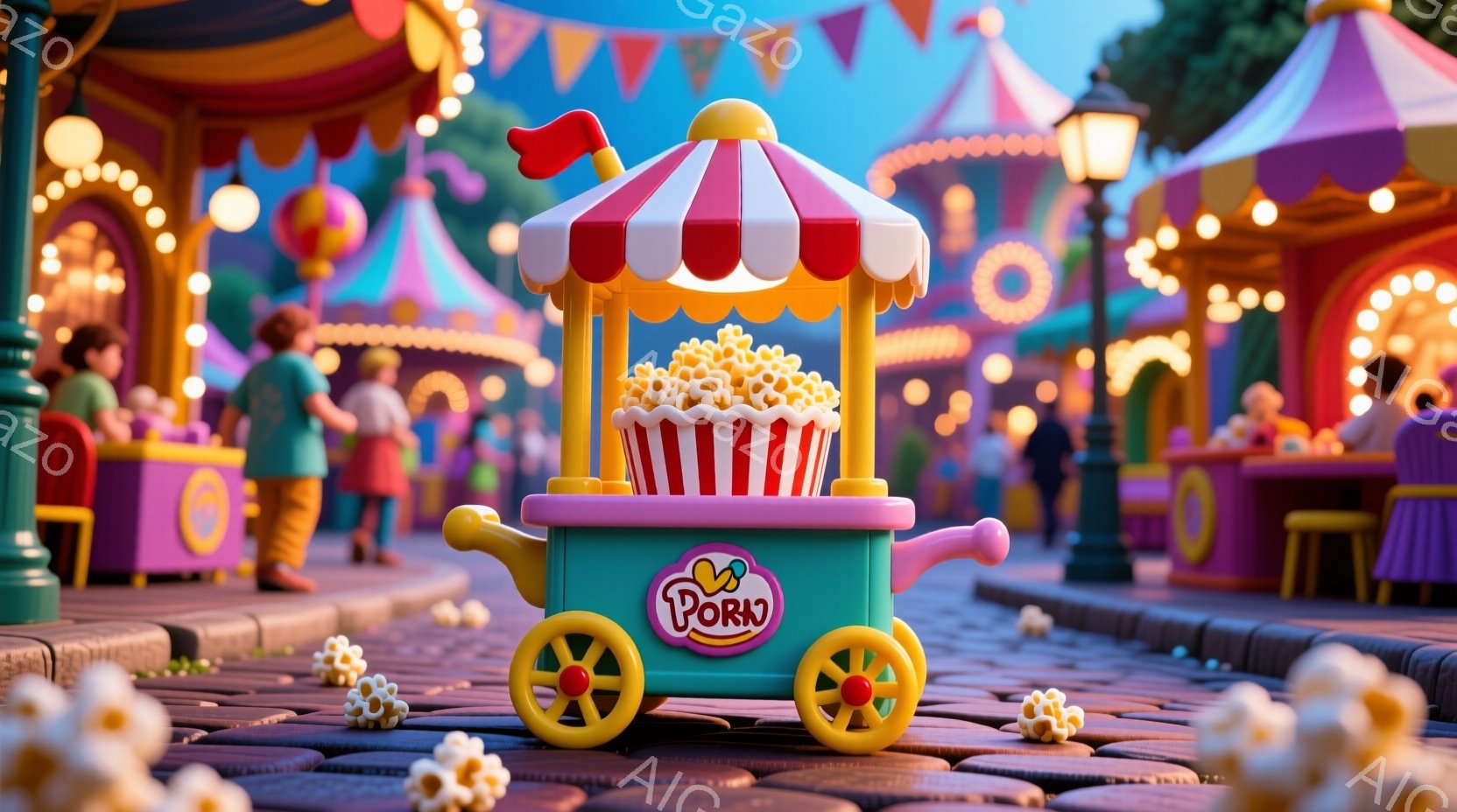 カラフルな遊園地の風景が描かれており、手前にポップコーンのカートが置かれています。カートは赤、白、黄色のストライプで装飾され、上部にはポップコーンが山積みにされています。背景には、色とりどりのテントや人々が見え、活気のあるお祭りの雰囲気が漂っています。