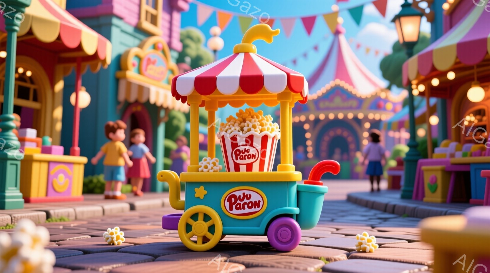 鮮やかな遊園地の一角に、ポップコーンを売る青いカートが置かれています。カートには「Popcorn」と書かれた大きな看板があり、周囲にはカラフルな屋台やストライプのテントが並び、楽しげな雰囲気を醸し出しています。レンガ造りの道と明るい日差しが、この場所をさらに魅力的にしています。