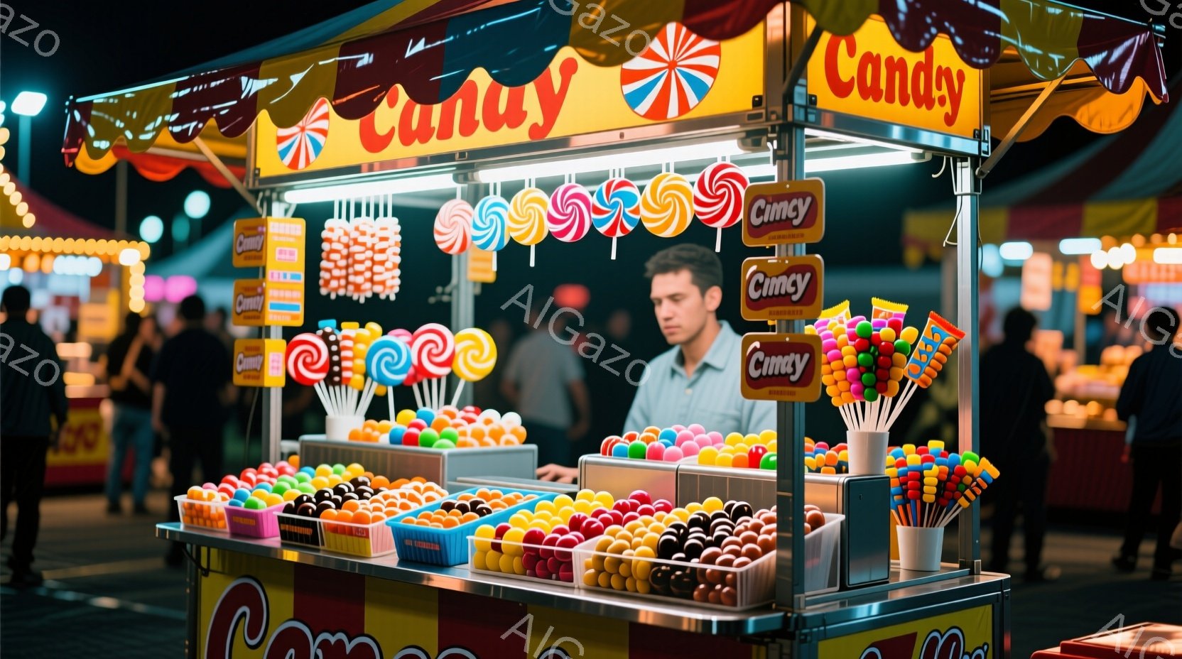 カラフルなキャンディーが並んだ屋台が写っている。男性は黒いシャツを着て、少し退屈そうな表情で屋台の前に立っている。背景には、ぼやけた人々と夜の遊園地の光が広がり、活気がありながらも少し寂しげな雰囲気が - AI生成フリー素材