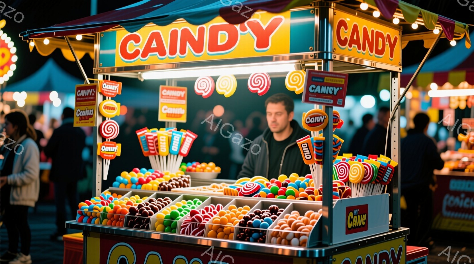 カラフルなキャンディでいっぱいの屋台が写っており、男性店員が屋台の奥に立っている。彼は黒いジャケットを着ており、少し無表情な顔をしている。背景には多くの人が歩き回り、夜間の遊園地のような雰囲気が漂っている。
