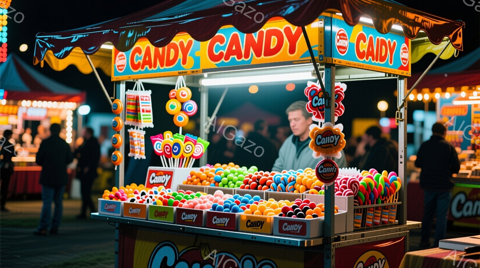 カラフルなキャンディが並んだ屋台が写っています。多くのキャンディは丸いロリポップ型で、赤、緑、黄、青など様々な色が使われています。背景には、人々のシルエットと、暗い夜空に輝く光の装飾が見え、お祭りの活 - AI生成フリー素材