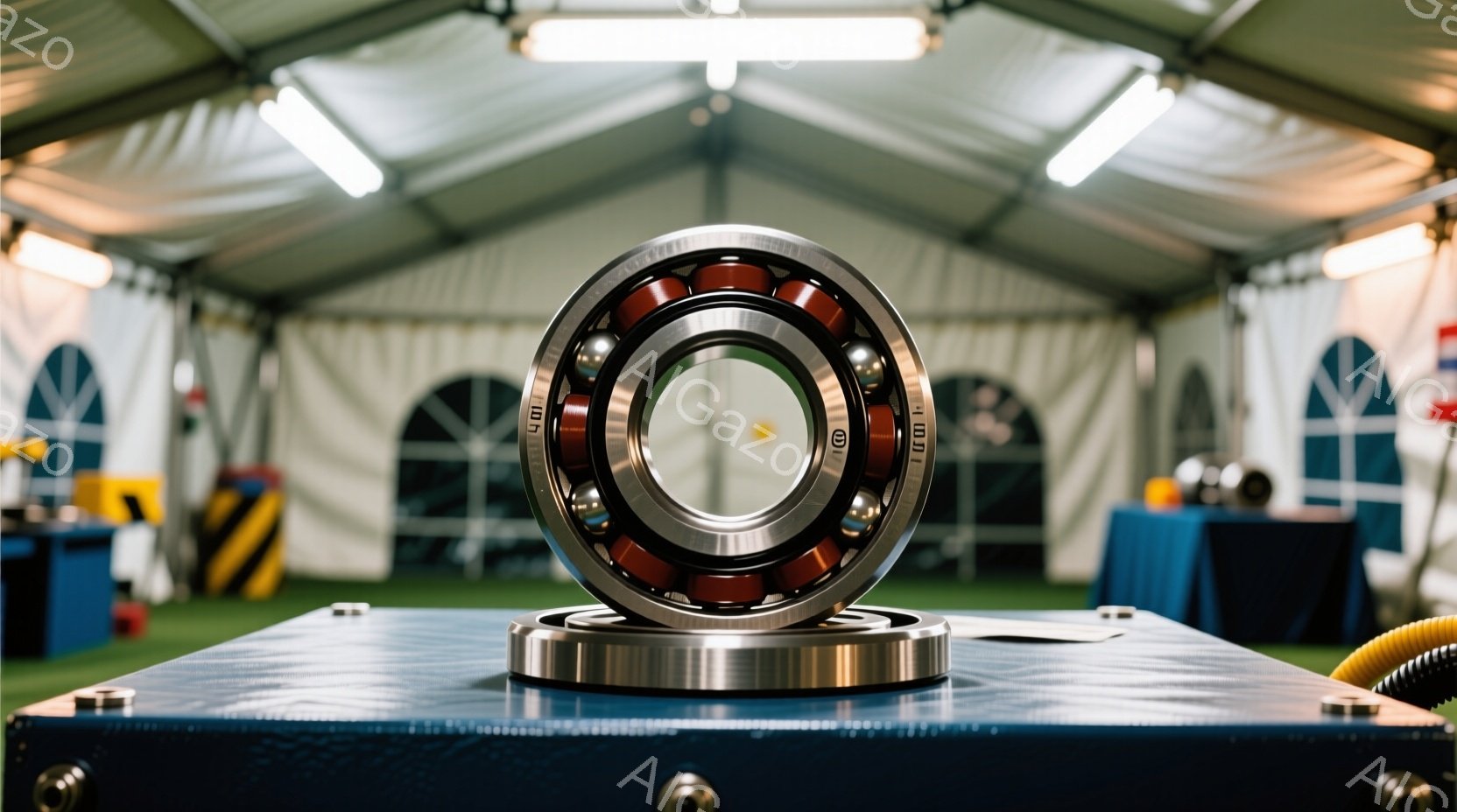 クリーム色のテント内に設置された青い台の上に置かれた、大きな金属製のベアリングを捉えている。背景には、他のテーブルと設備がぼんやりと見え、テントの構造が、均一な照明が当たる空間を作り出している。 全体的に、工業的な部品を展示するような、技術的なイベントや展示会の一場面を連想させる落ち着いた雰囲気である。