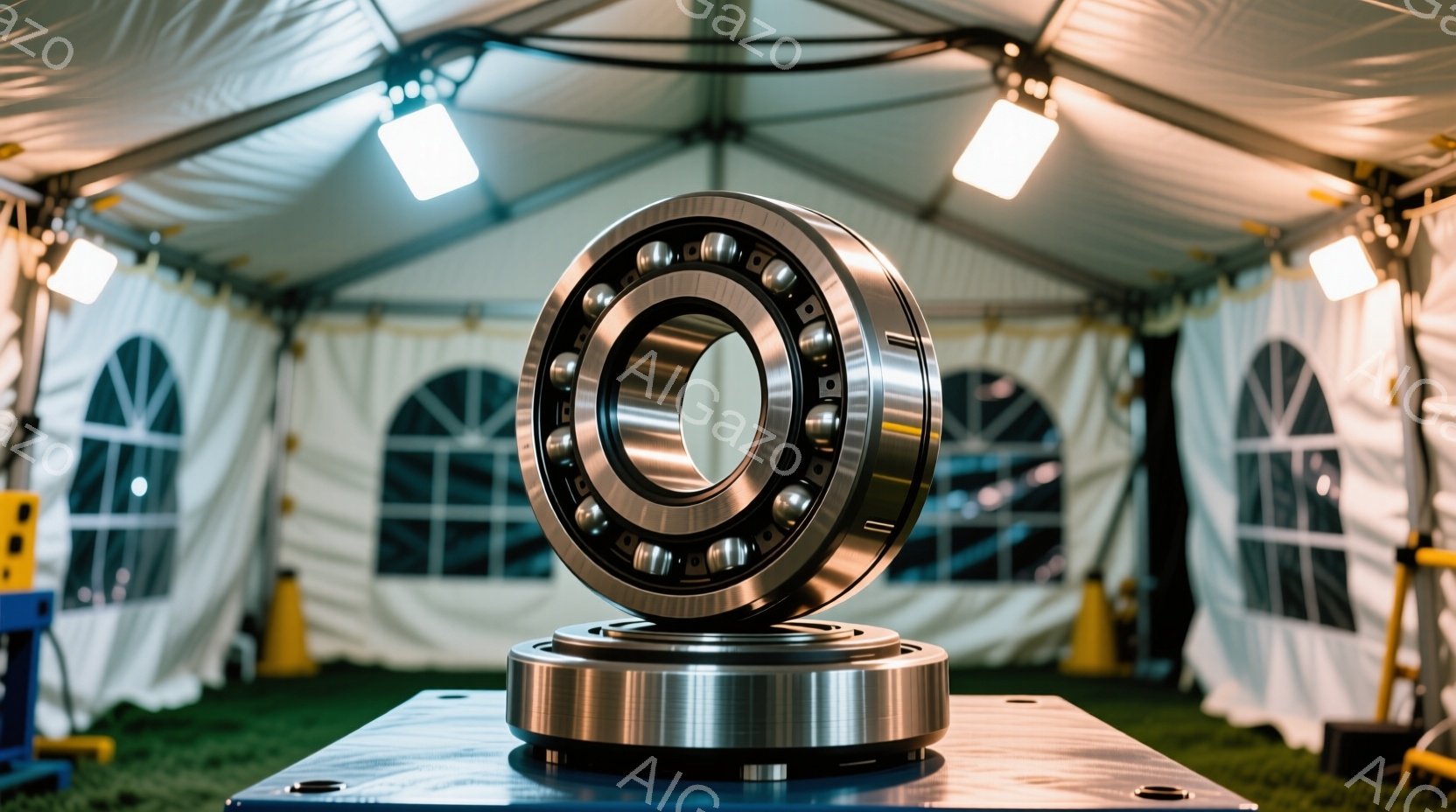 金属製のベアリングが青い台の上に設置され、傾いて配置されている様子が写っている。背景には白いテントの内部が見え、天井からはスポットライトが照らされている。全体的に工業的な展示会のような雰囲気で、ベアリングが主な被写体として強調されている。
