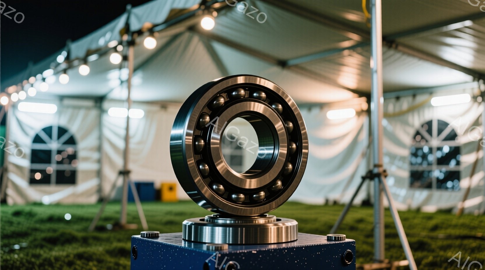 緑の芝生の上に、青い台座の上に銀色のベアリングが設置されている。背景には白いテントがあり、明るい照明が設置されていることから、イベント会場のようである。全体的に落ち着いた雰囲気で、工業製品の展示写真のように見える。