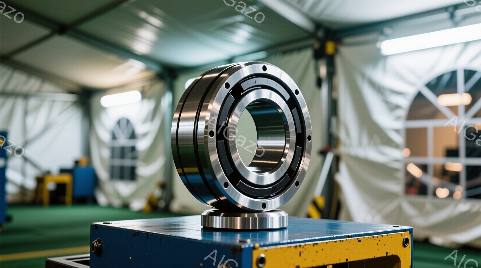 金属製のベアリングが青と黄色の台の上に設置されたクローズアップ写真です。背景には、白いテントのような構造物と、ぼんやりとした工業的な設備が見えます。全体的に、精密機器や製造業を連想させる、クリーンで技術的な雰囲気が漂っています。