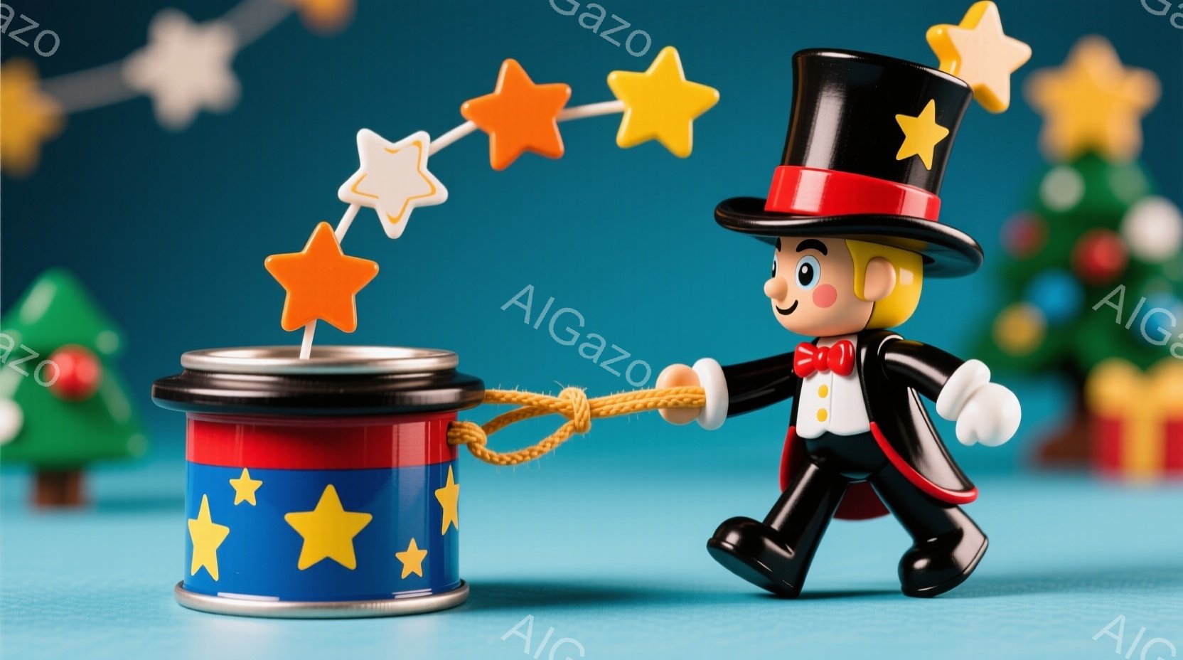 赤い背景に星が描かれたドラムを引く、ミニチュアの道化師を描いています。道化師は黒い帽子、赤いジャケット、白いシャツとズボンを身につけ、幸せそうな表情を浮かべています。背景には、クリスマスの装飾やプレゼントの箱があり、全体的に陽気で楽しい雰囲気が漂っています。
