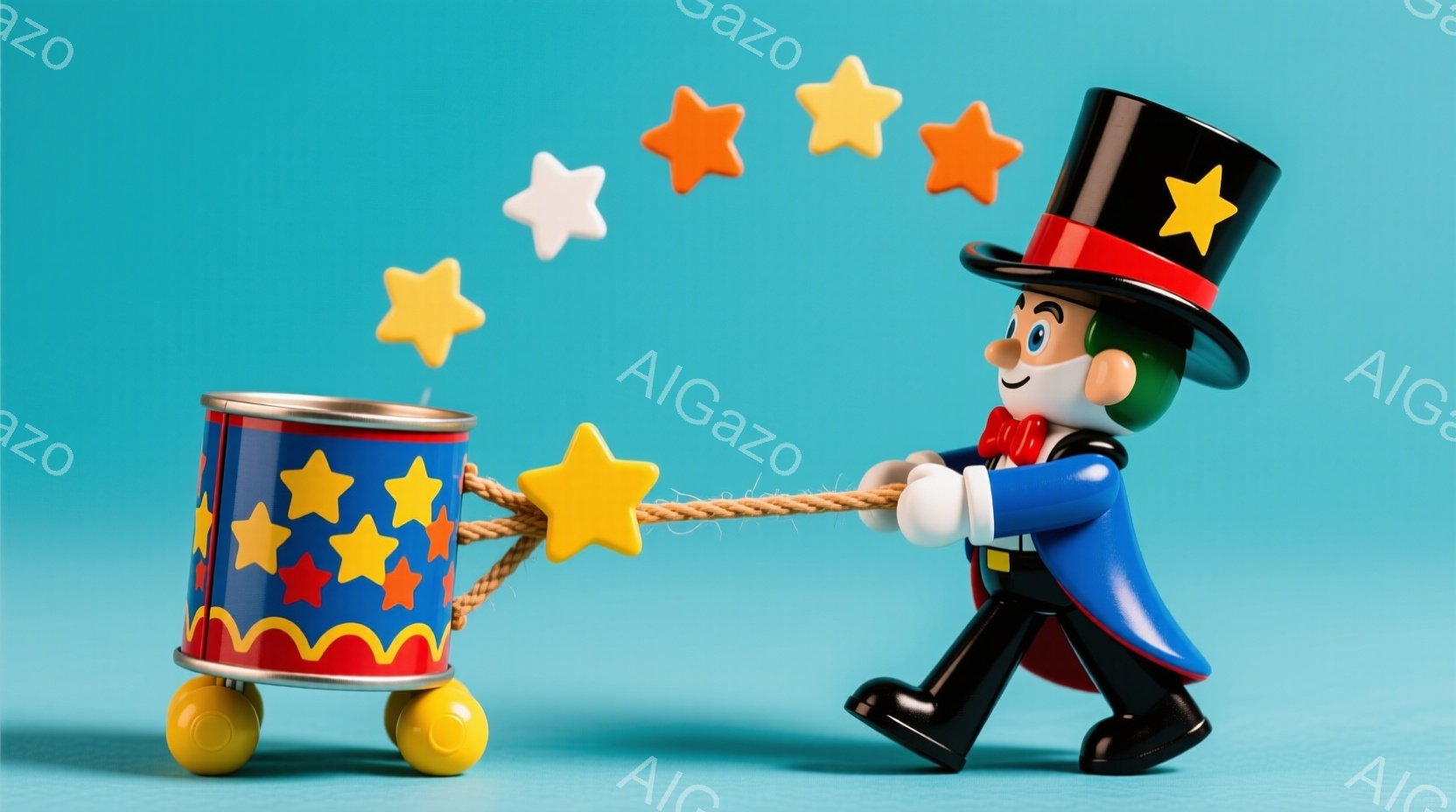 カラフルな衣装を着た小さな人形が描かれています。人形は青い背広、赤いシャツ、そして星が描かれた高いシルクハットをかぶっており、笑顔を浮かべています。人形は星が描かれたおもちゃのカートを引いており、背景 - AI生成フリー素材