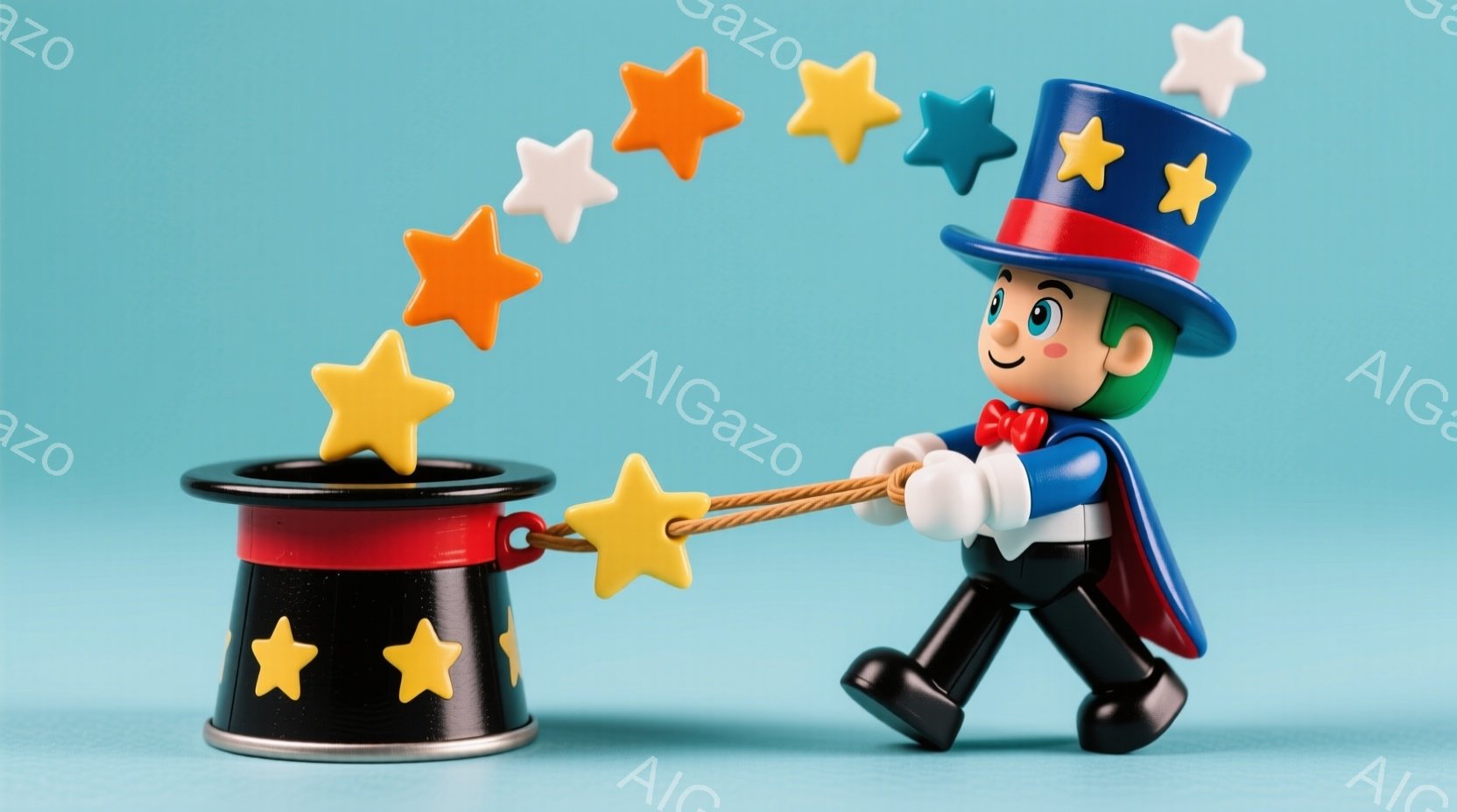 真っ赤な帽子と青いマントを身に着けた、陽気なマジシャンが描かれています。彼は片手に金の星のついたロープを引き、もう片手で魔法の帽子から次々と星を出現させています。背景は鮮やかな水色で、全体的に明るく楽しい雰囲気が漂っています。