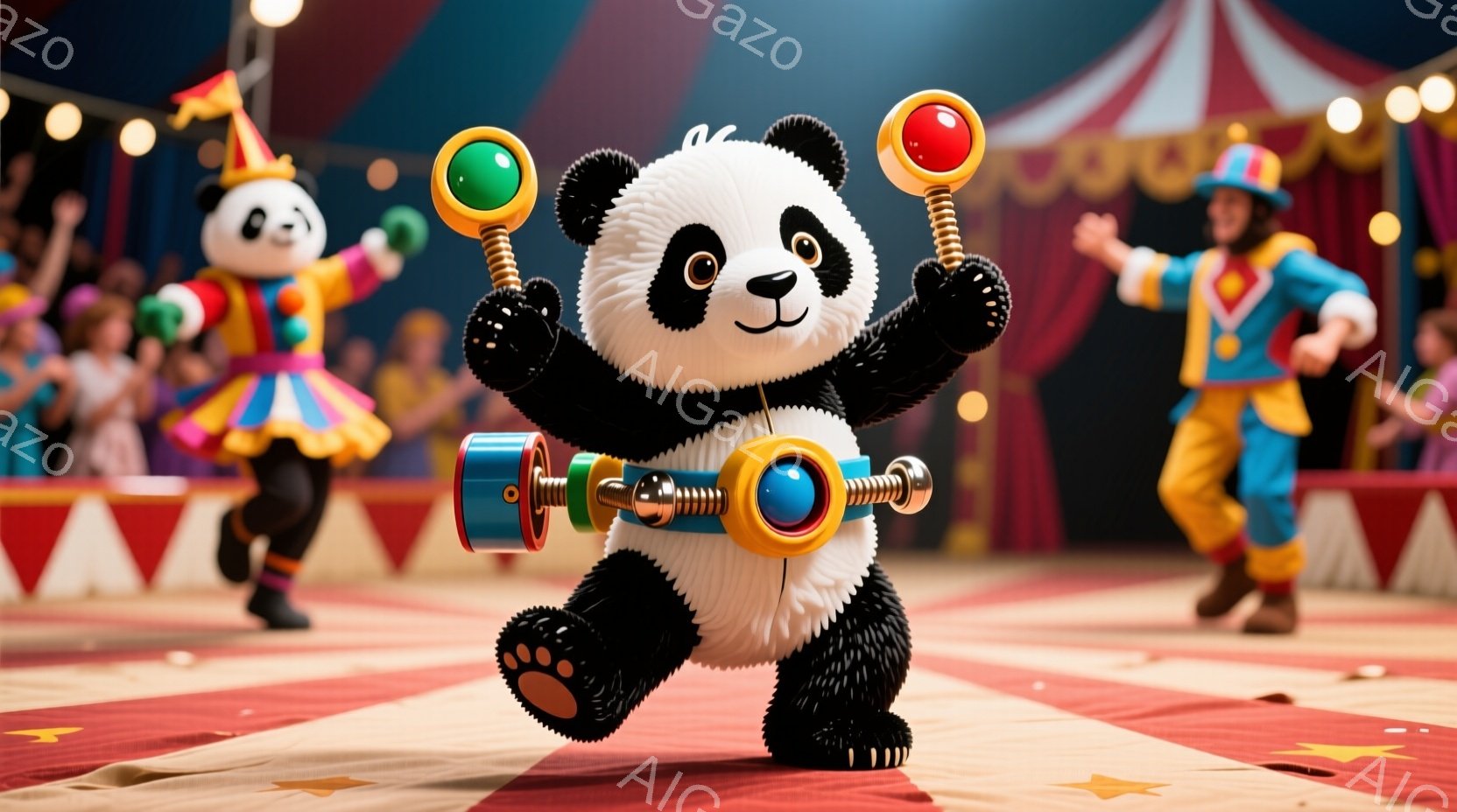 パンダのキャラクターが、赤いカーペット敷きのサーカスのステージで、両手に赤い球体と青い球体がついたバネの装置を持ってポーズをとっています。背景には、カラフルな衣装を着た他のサーカスのパフォーマーや観客 - AI生成フリー素材