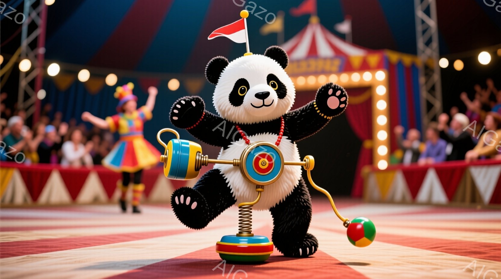 黒と白のパンダがサーカスの舞台でパフォーマンスをしています。赤い首輪をつけており、片手にはハンドルが付いた機械のようなものを持ち、バランスを取りながらパフォーマンスをしています。背景には観客席やカラフルなサーカスのテントが見え、華やかで楽しげな雰囲気が漂っています。