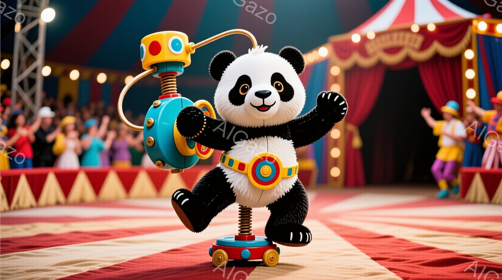 白黒のパンダが、サーカスの舞台でパフォーマンスをしています。パンダは、足元に車輪がついた機械のような装置を身につけ、片手を上げて笑顔を見せています。背景には赤いカーペットが敷かれ、観客席には色とりどりの衣装を着た人々がおり、活気あふれる雰囲気です。