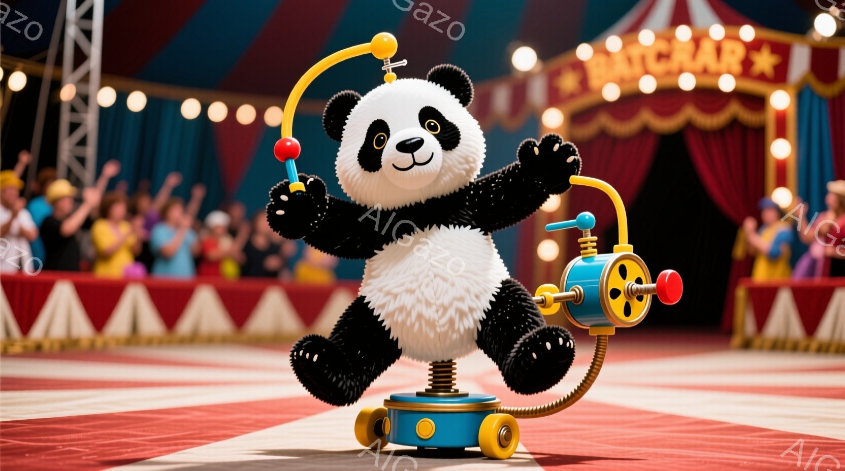 白黒のパンダが、赤いサーカスの舞台上で、機械仕掛けの足車に乗ってパフォーマンスをしています。パンダは両手を上げて喜びの表情を浮かべ、足車は黄色とオレンジの車輪で構成され、機械的な構造が特徴的です。背景 - AI生成フリー素材