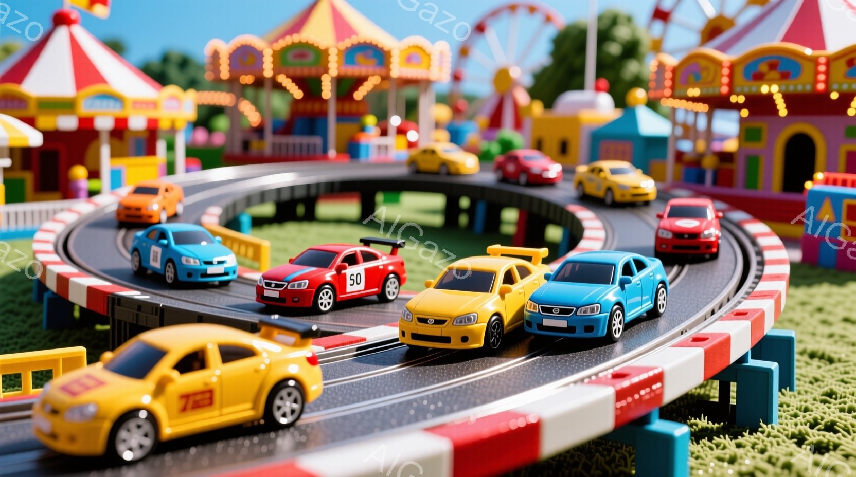 おもちゃのレーシングトラックをカラフルなミニカーが走っている様子が写っています。背景には遊園地の乗り物や建物があり、緑の芝生が敷かれていることから、晴れた日の遊園地のような雰囲気が漂います。ミニカーはそれぞれ異なる色をしており、速度感のあるダイナミックな構図となっています。
