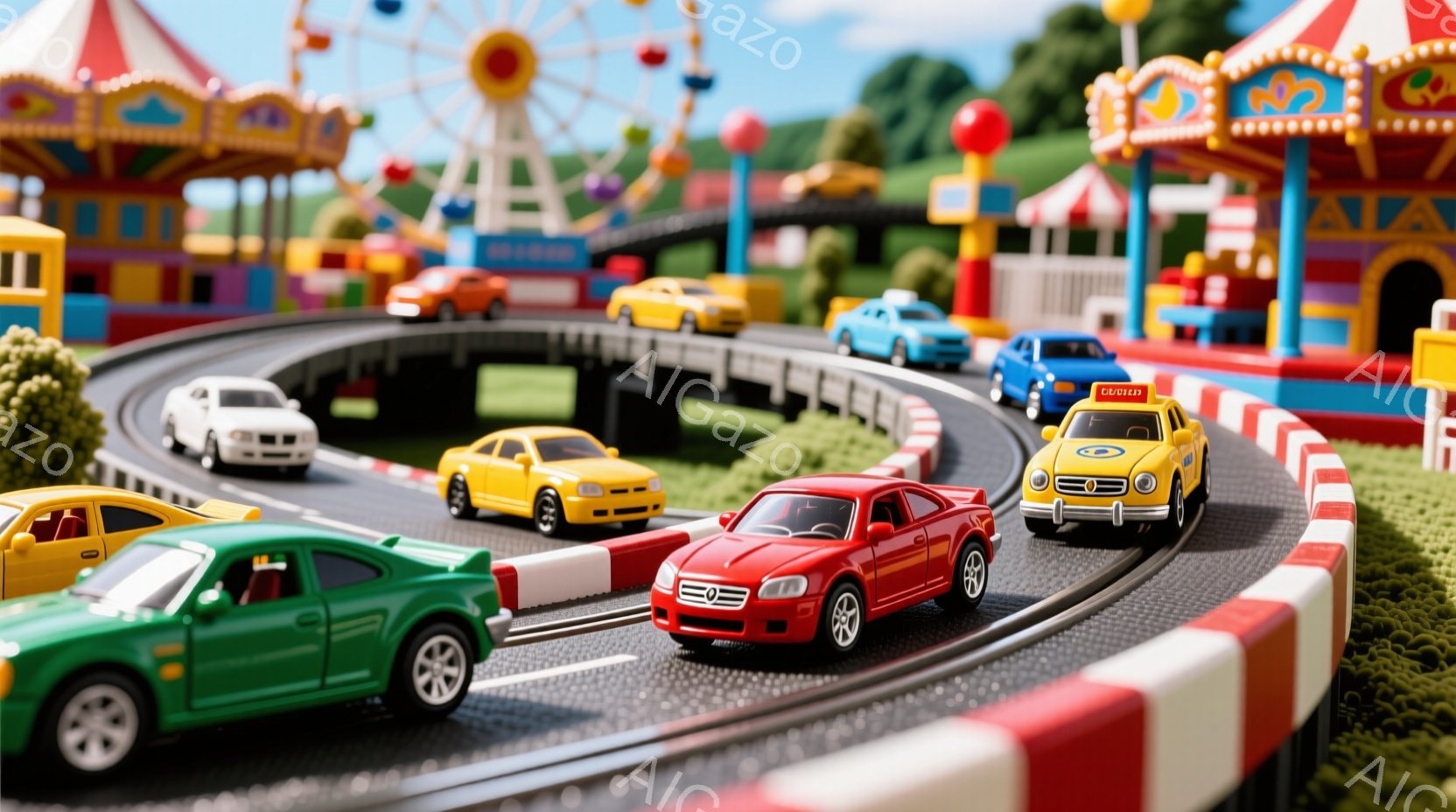 小さなレーシングコースを様々な色のミニカーが走っている様子が写っている。背景には、カラフルな遊園地の建物や観覧車が見え、晴れた空の下、楽しげな雰囲気が漂っている。コースの縁には赤と白のガードレールがあり、ミニカーたちが速度感のあるレースをしているように見える。