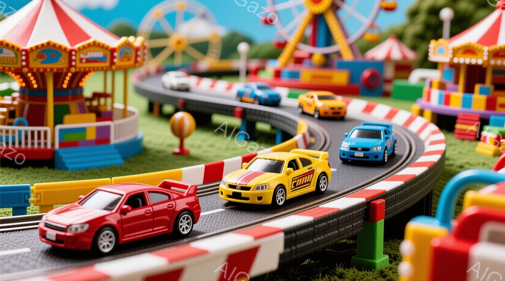 鮮やかな遊園地のミニチュアコースを、赤い、黄色の、青色の3台の車が走っている様子が描かれています。コースはカラフルな柵で囲まれ、背景には観覧車やメリーゴーランドなどの遊園地のアトラクションが見えます。全体的に明るく、楽しい雰囲気のミニチュアの世界が表現されています。