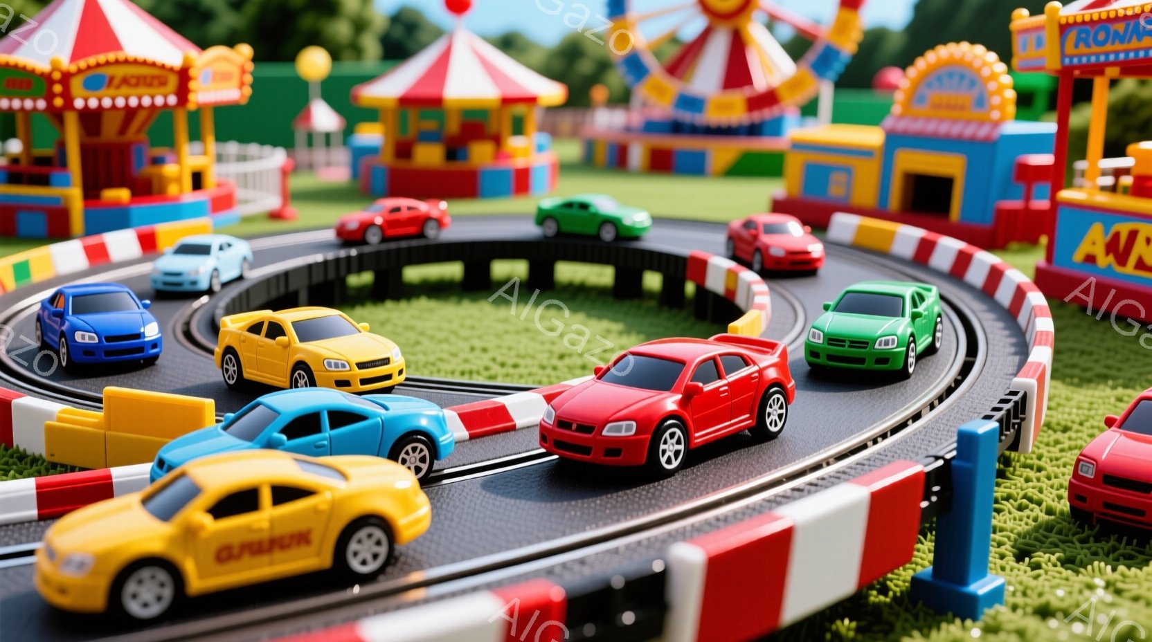 鮮やかな緑色の芝生の上に、カラフルなレーシングトラックが広がっており、様々な色の小型レーシングカーが走行中です。背景には、カラフルな遊園地の乗り物や建物があり、楽しい雰囲気を作り出しています。全体的に明るく、活気のある、子供向けの遊び心溢れる世界が表現されています。