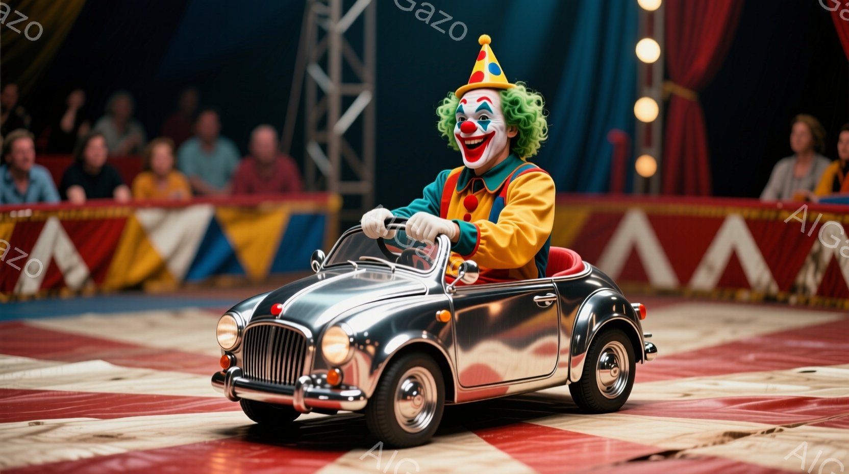 サーカスの舞台で、カラフルな衣装を着たピエロが、小さな銀色の車を運転しています。ピエロは緑色の髪、赤い鼻、そして笑顔を見せており、楽しそうに車を走らせています。背景には観客席が見え、赤と白のストライプ模様の敷物と、サーカスの華やかな雰囲気が漂っています。