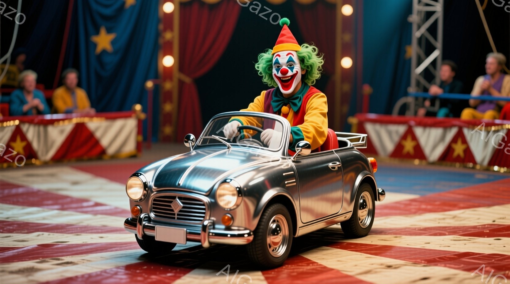 サーカスの舞台で、クラウンが小型の銀色の車を運転しています。クラウンはカラフルな衣装を身につけ、笑顔を見せています。背景には赤い縞模様のテントと観客席が見え、陽気で賑やかな雰囲気が漂っています。 - AI生成フリー素材