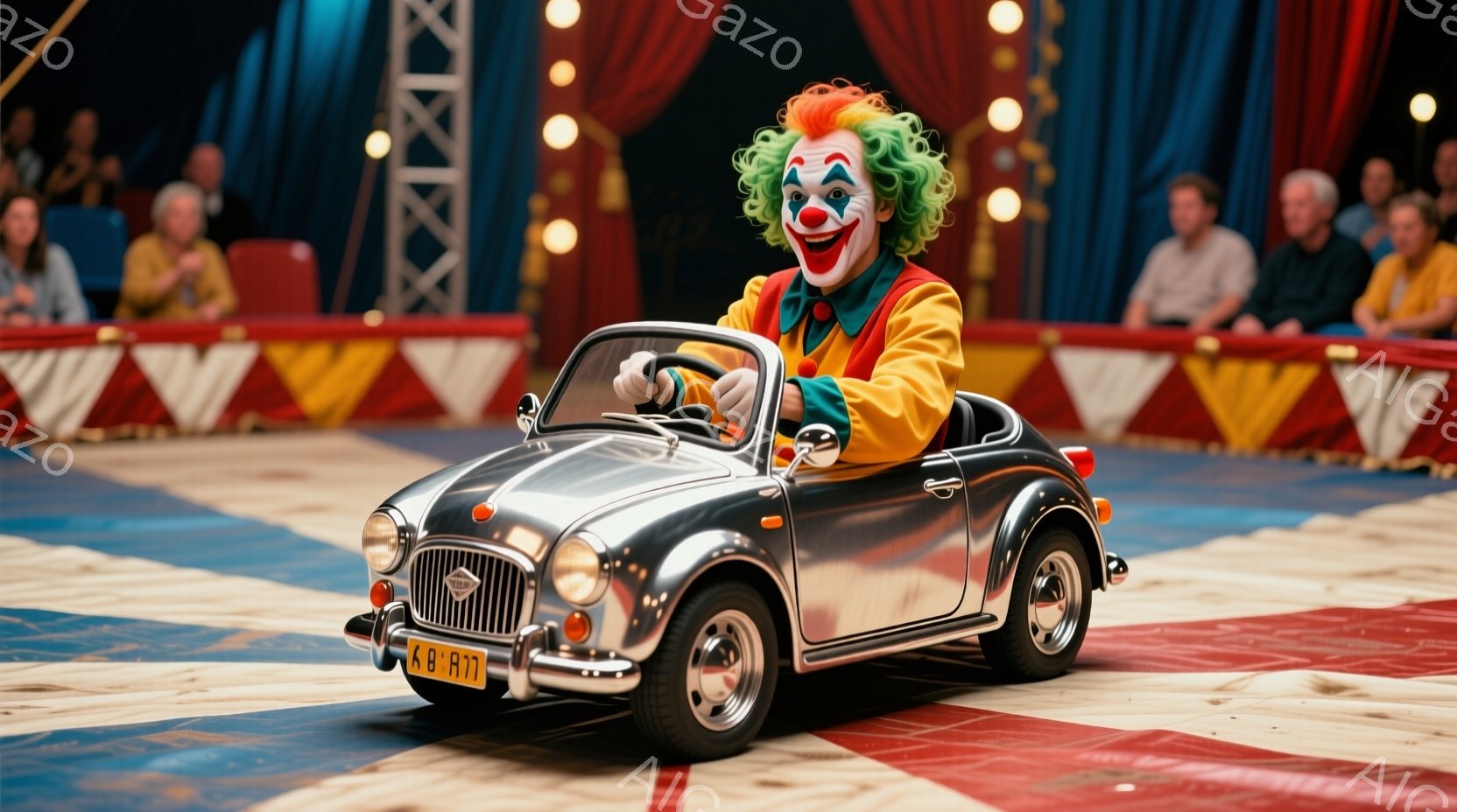 サーカスのステージ上で、クラウンが銀色の小型車を運転している様子が描かれています。クラウンは、明るい黄色のジャケット、赤い髪、特徴的なメイクを施しており、楽しそうな表情を浮かべています。背景には、観客席と赤いストライプのテントが見え、賑やかな雰囲気を感じさせます。