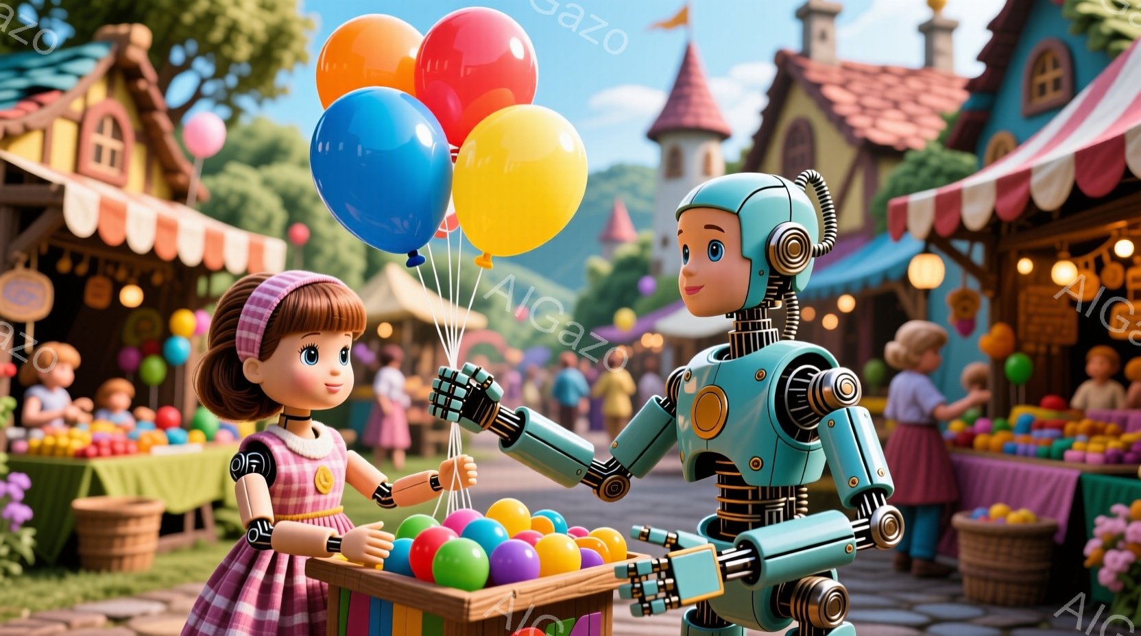 少女はピンクと紫のストライプのドレスを着ており、茶色の巻き髪が肩にかかっています。ロボットは、子供にカラフルな風船（青、赤、黄）を手渡そうとしており、親切な表情をしています。背景には、カラフルな屋台が並び、人々が賑わい、美しい建物と緑豊かな植物が見られ、お祭りや市場のような活気のある雰囲気です。