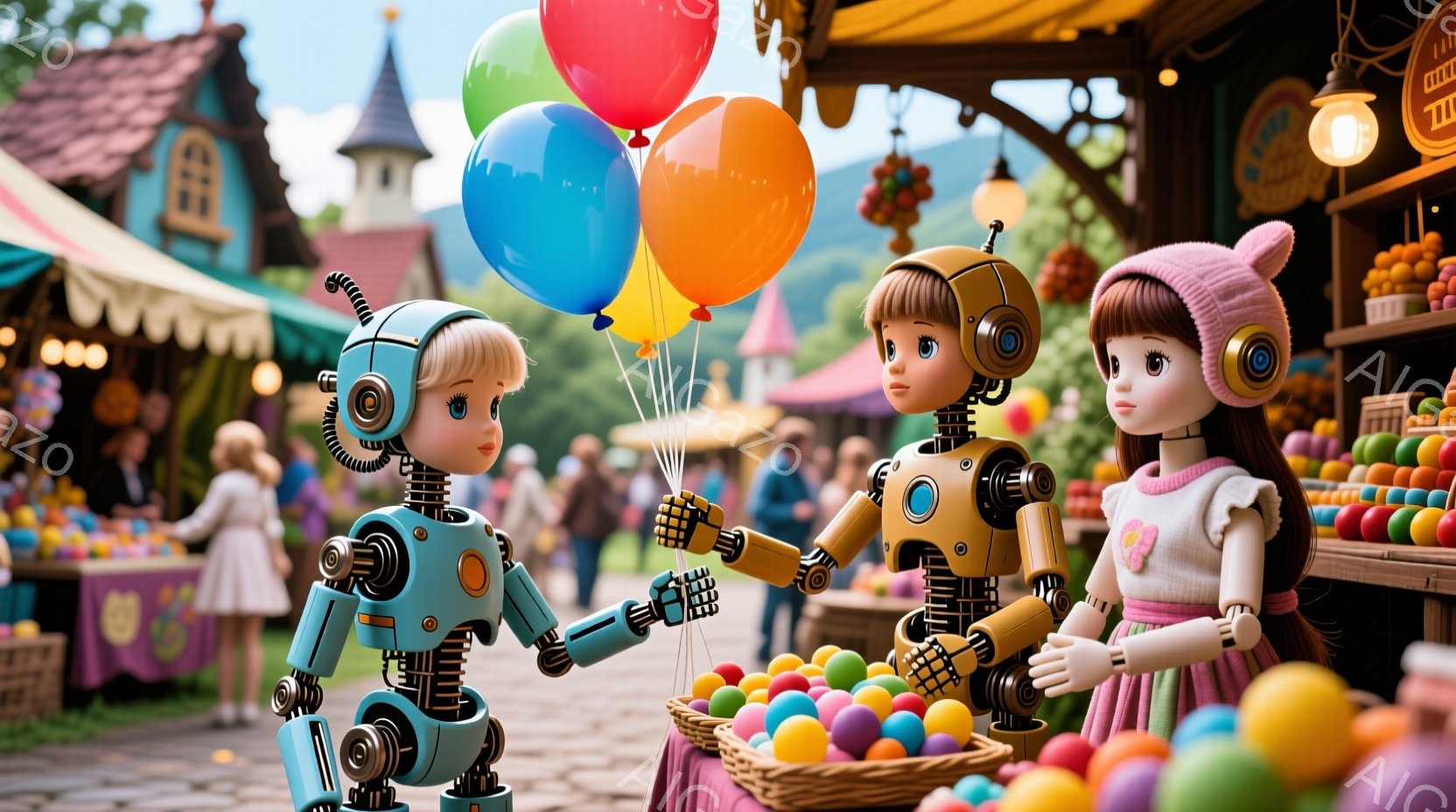 2体のロボットが、賑やかな市場で風船を交換している様子が描かれています。左のロボットは青い風船を持ち、右のロボットはオレンジとピンクの風船を抱えています。背景には、カラフルな建物や人々、そして様々な果物が並んだお店があり、暖かい日差しの中で活気あふれる雰囲気が感じられます。